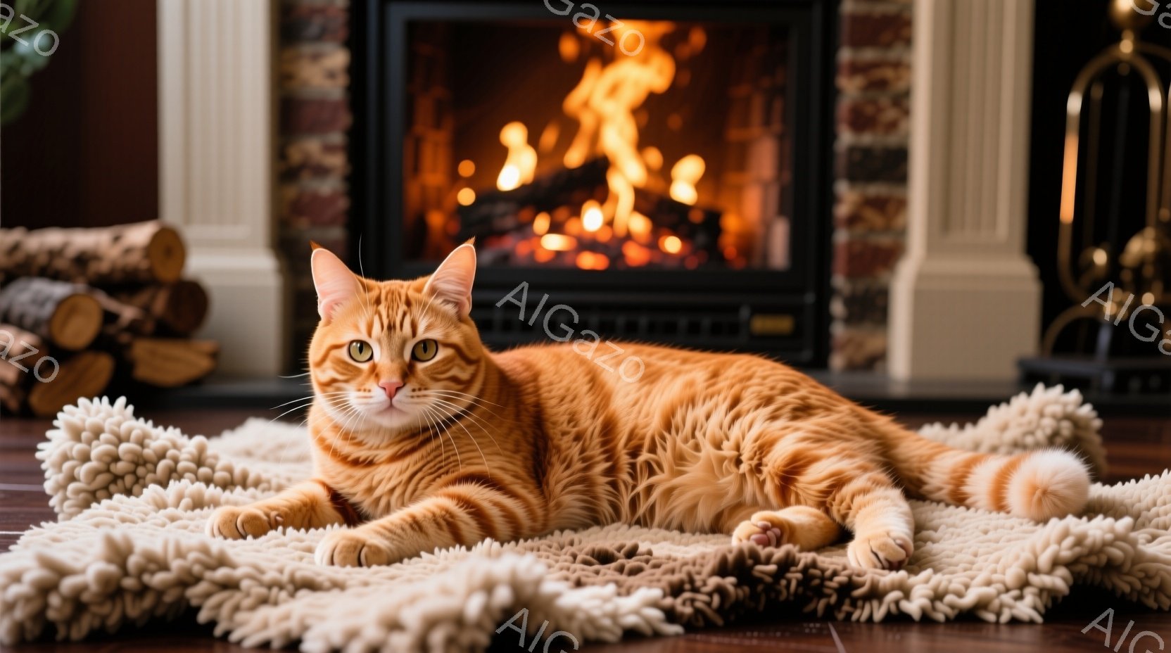 鮮やかなオレンジ色の縞模様の猫が、ふわふわとしたクリーム色のラグの上に横たわっています。猫はリラックスした表情でカメラを見つめており、暖かい光がその毛並みを照らしています。背景にはレンガ造りの暖炉があ - AI生成フリー素材