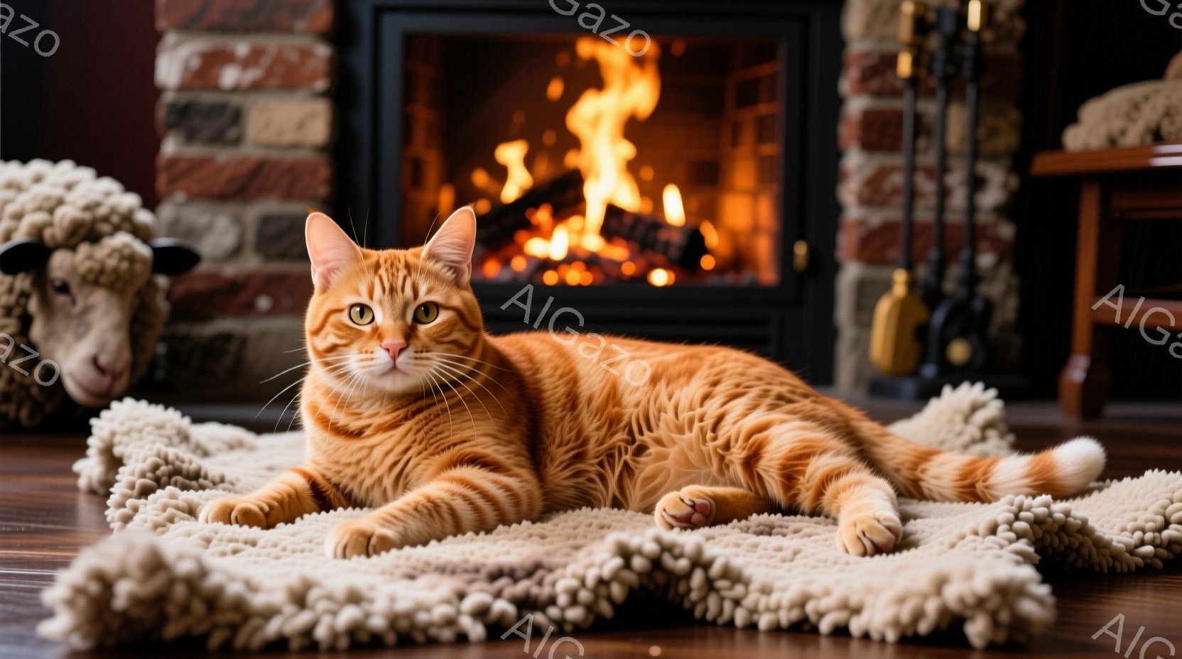 暖炉の前でオレンジ色の縞模様の猫が、ふわふわの白いラグの上でくつろいでいます。猫は前足を重ねて横になり、リラックスした表情でカメラを見ています。背景にはレンガ造りの暖炉があり、炎が暖かく輝き、温かい家 - AI生成フリー素材