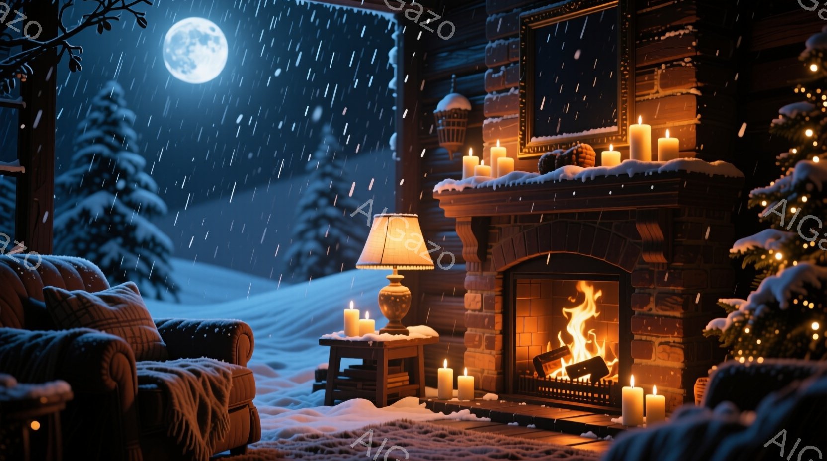 暖炉の炎が温かく室内を照らし、雪が降る夜の静寂が感じられる。大きなソファとテーブルの上にはたくさんのキャンドルが灯り、暖かく心地よい雰囲気を醸し出している。背景には雪に覆われた森と月が輝き、冬の夜の穏 - AI生成フリー素材