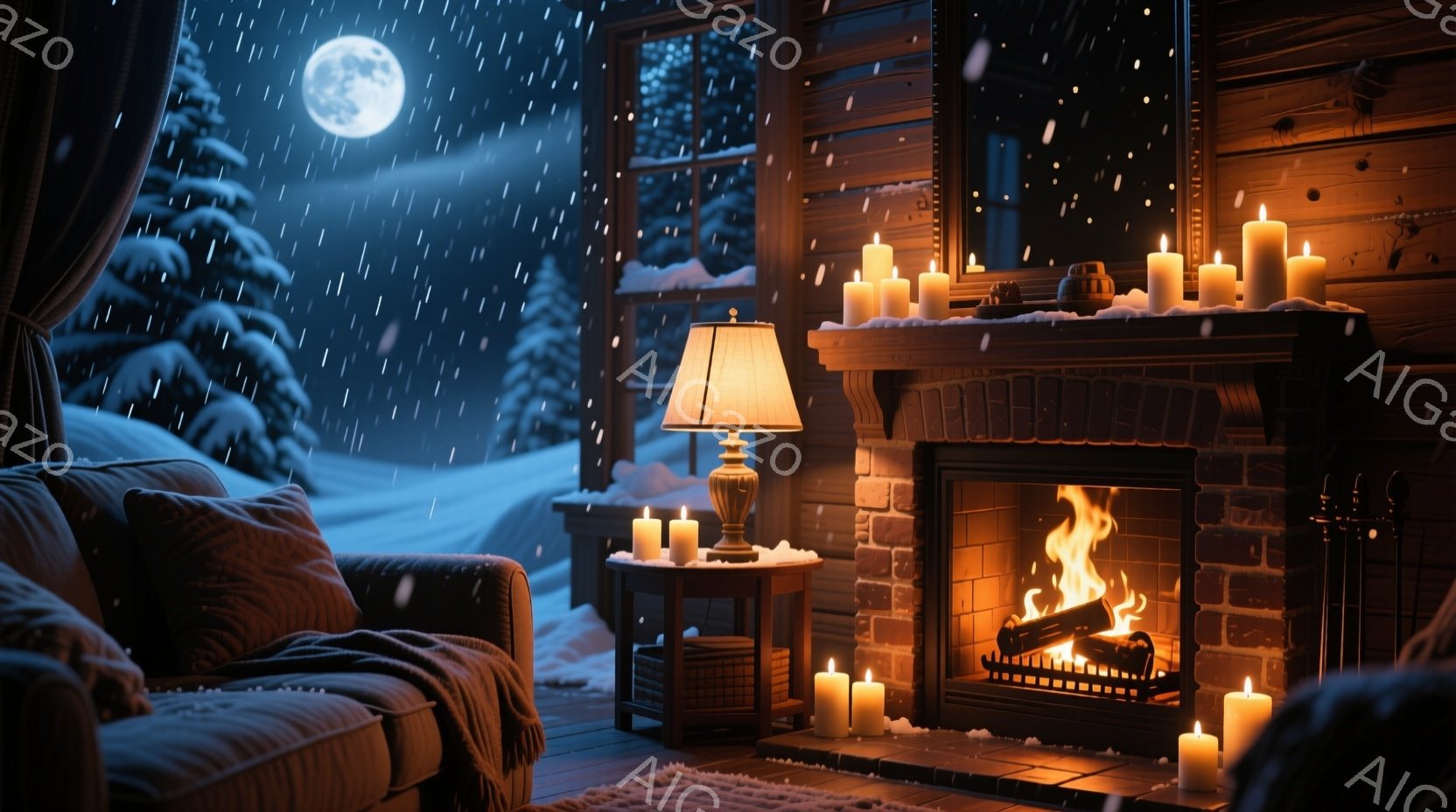 暖炉の炎が燃え盛る、雪の夜の居間が描かれています。窓の外は雪が降り積もり、月明かりが雪景色を照らし出しています。暖炉の周りにはたくさんのキャンドルが灯り、居間全体を温かく幻想的な雰囲気に包んでいます。 - AI生成フリー素材