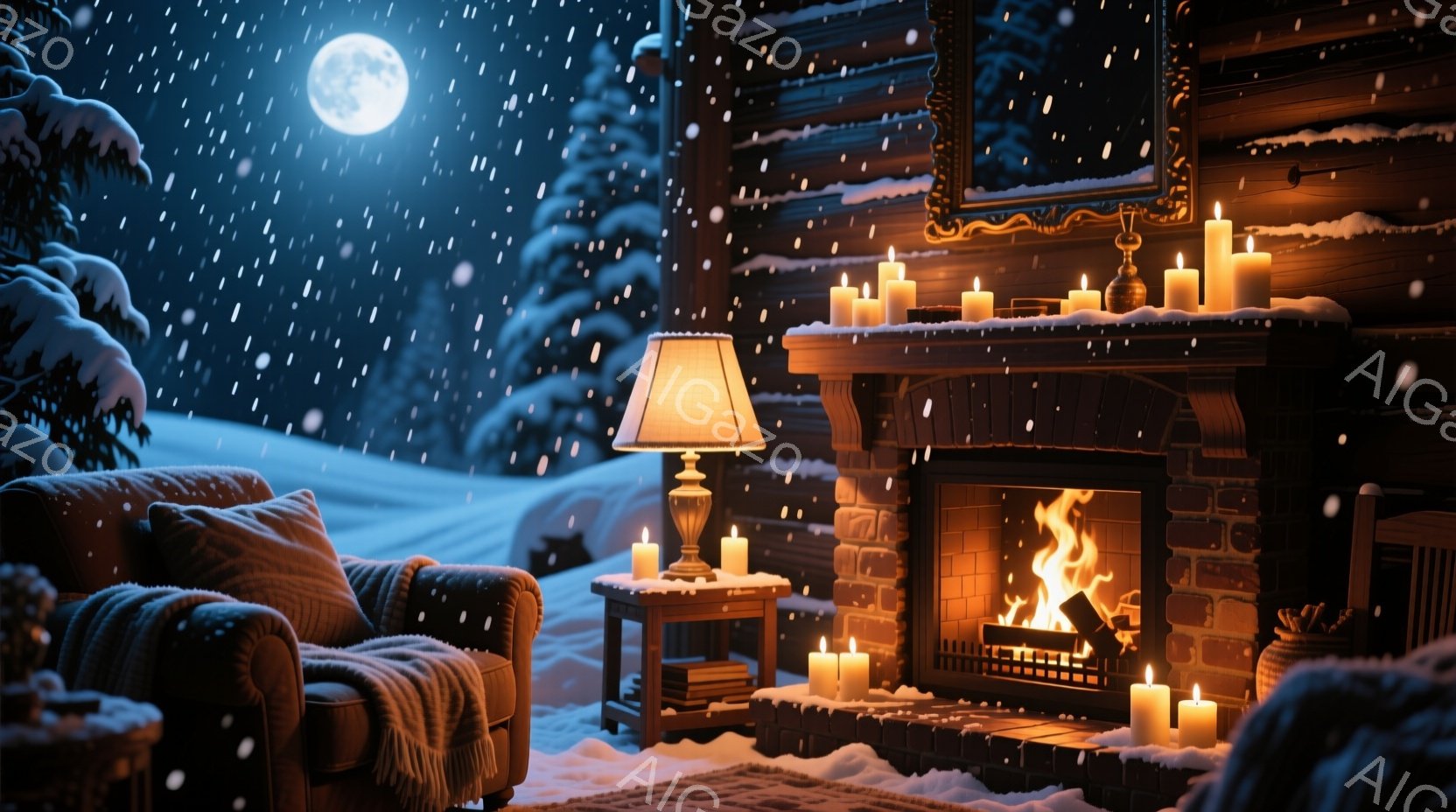 暖炉の火が温かく灯る、雪に覆われた山小屋の内部です。椅子には毛布がかけられ、サイドテーブルには本とロウソクが置かれ、壁には絵画が飾られています。窓の外には雪が降り積もり、満月が輝く冬の夜の静かで穏やかな雰囲気が漂っています。