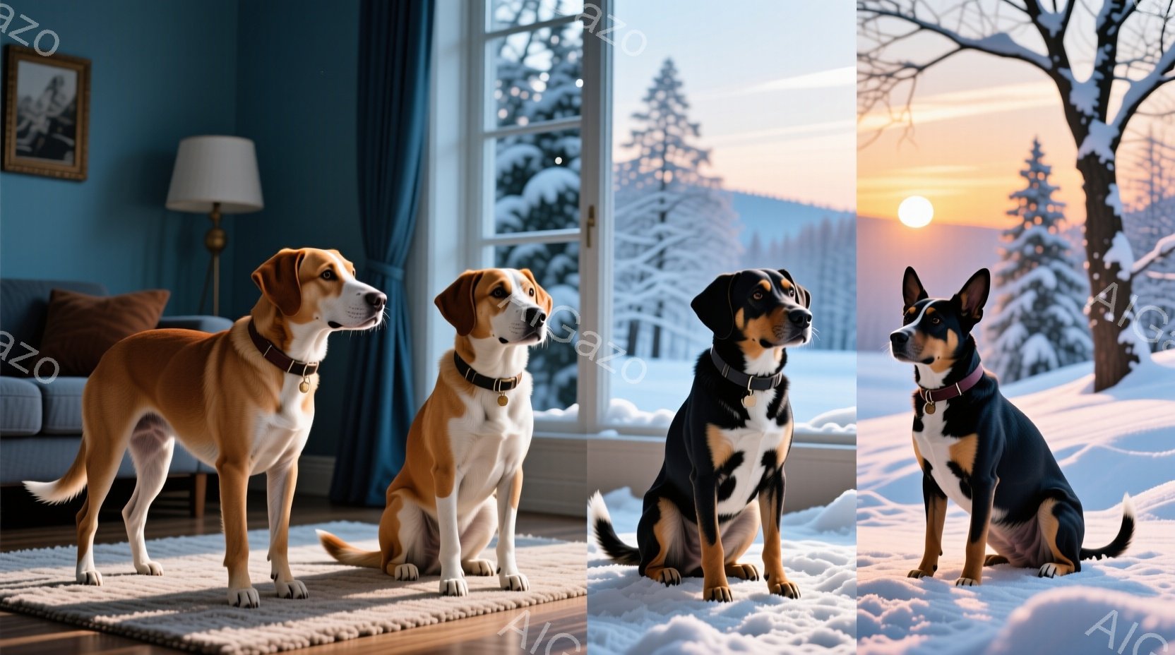 2匹の犬が室内で、そして2匹の犬が雪景色の中で写っています。室内では、明るい毛並みの犬が立っており、もう一匹は座って遠くを見つめています。雪景色の中では、黒と白の犬が雪の上に座っており、夕焼けの光が犬 - AI生成フリー素材