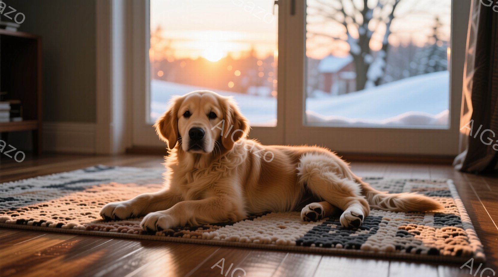 広々としたフローリングの上に、クリーム色のラグが敷かれ、その上にゴールデンレトリバーがゆったりと横たわっています。犬は落ち着いた表情で正面を見つめ、柔らかな毛並みが光を受けて輝いています。窓の外には雪景色が広がり、夕焼けがその光景を暖かく照らしており、穏やかで安らぎのある雰囲気を醸し出しています。