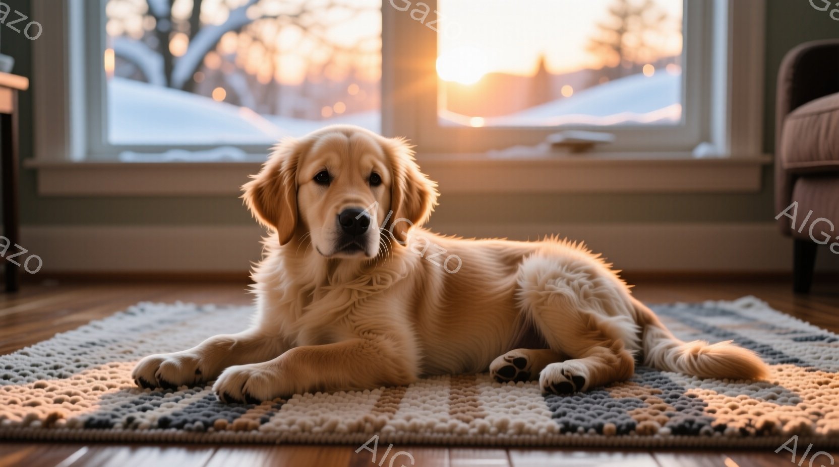 明るい色の木の床に、クリーム色の毛並みのゴールデンレトリバーが横たわっています。窓の外には雪景色が広がり、夕焼けのオレンジ色の光が差し込んでいます。犬はリラックスした様子で、穏やかで暖かな雰囲気が漂っ - AI生成フリー素材