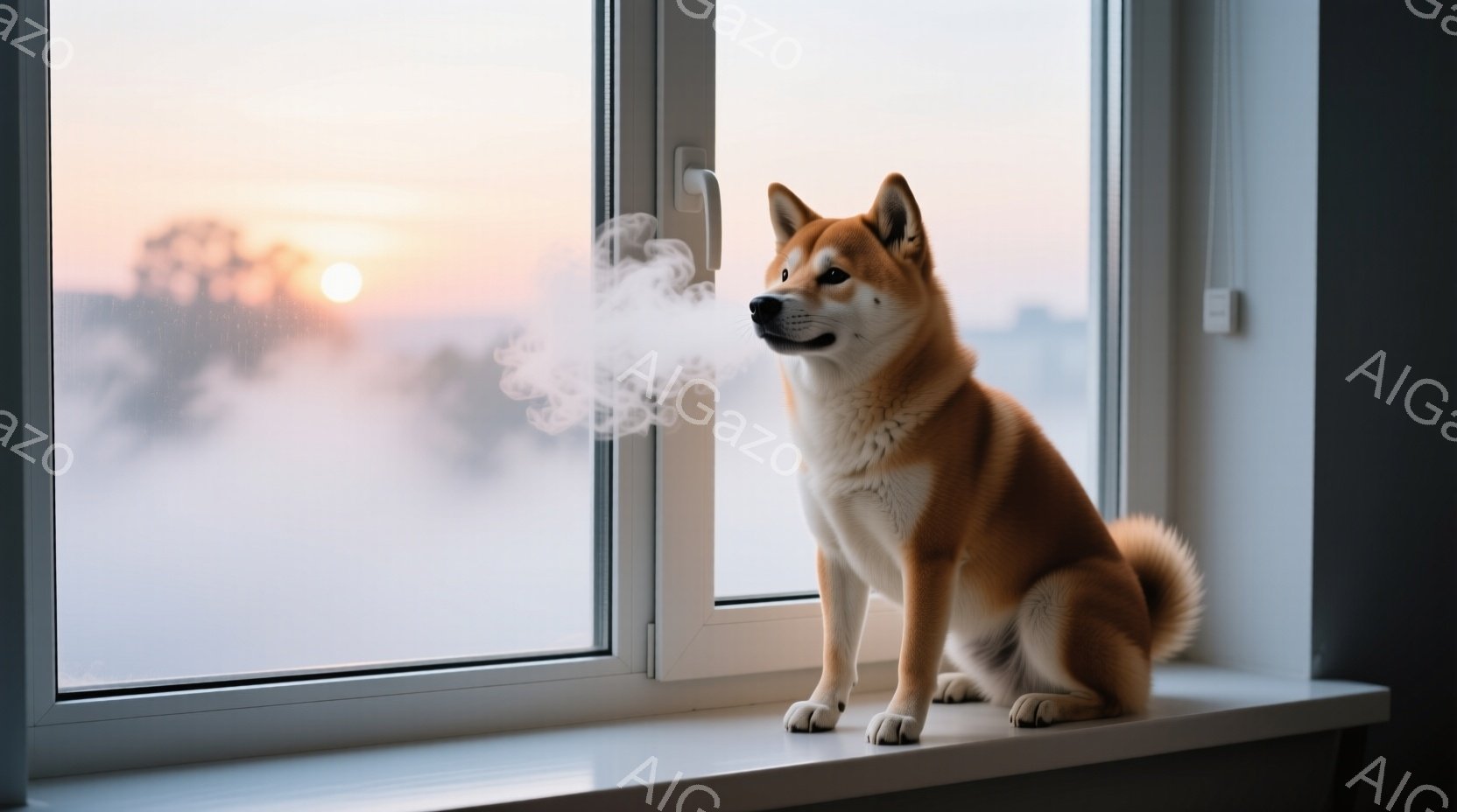 鮮やかな毛並みのラブラドール・レトリバーが、台所に置かれたガスコンロに前足をかけて立っています。ケトルから立ち上る蒸気に興味津々で、鼻を近づけています。背景には、木製のキャビネットや窓から差し込む自然光が見え、温かく居心地の良い家庭的な雰囲気が漂っています。