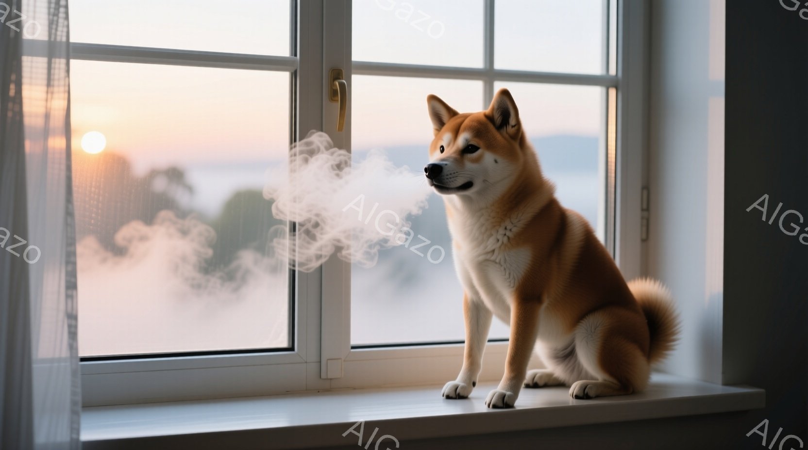 白い窓枠に柴犬が座っており、息を吐くと白い蒸気が立ち上っている。背景には朝焼けの空と、霧に包まれた緑豊かな風景が広がり、冷たい空気と暖かな光が混ざり合った、静かで穏やかな雰囲気が漂っている。柴犬はリラ - AI生成フリー素材