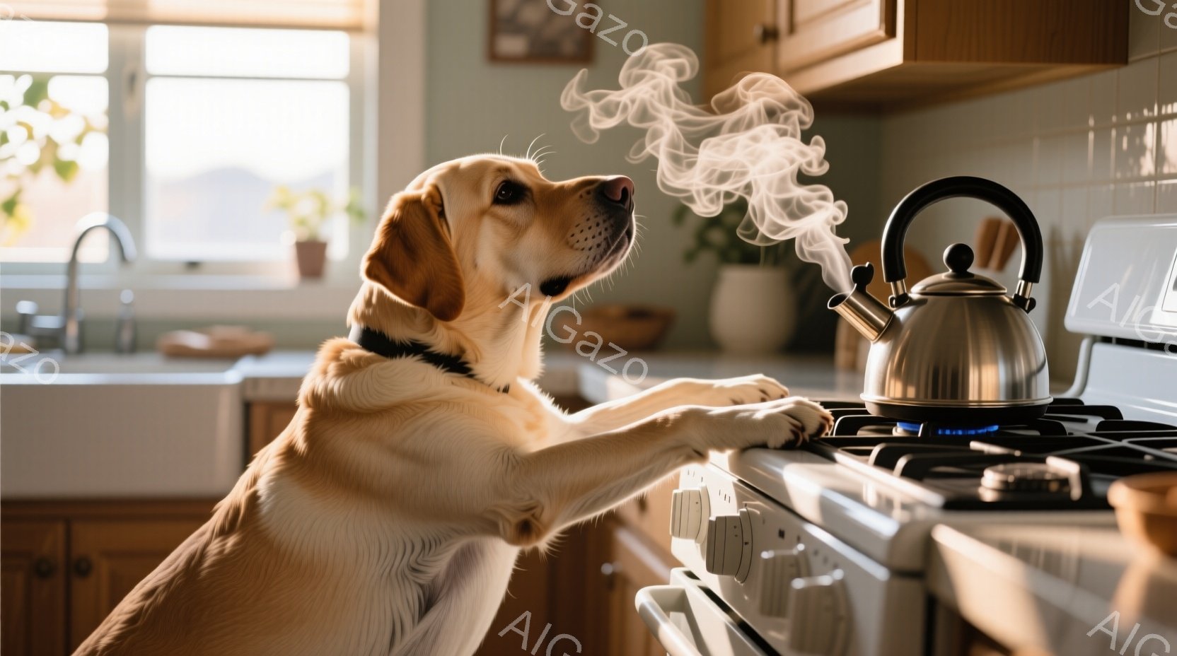 明るいキッチンで、茶色のラブラドール・レトリバーがコンロに手を伸ばしている。ケトルから立ち上る蒸気に興味津々で、立ち上がって前足でケトルに触れようとしている様子が伺える。背景には、窓から差し込む光と、 - AI生成フリー素材