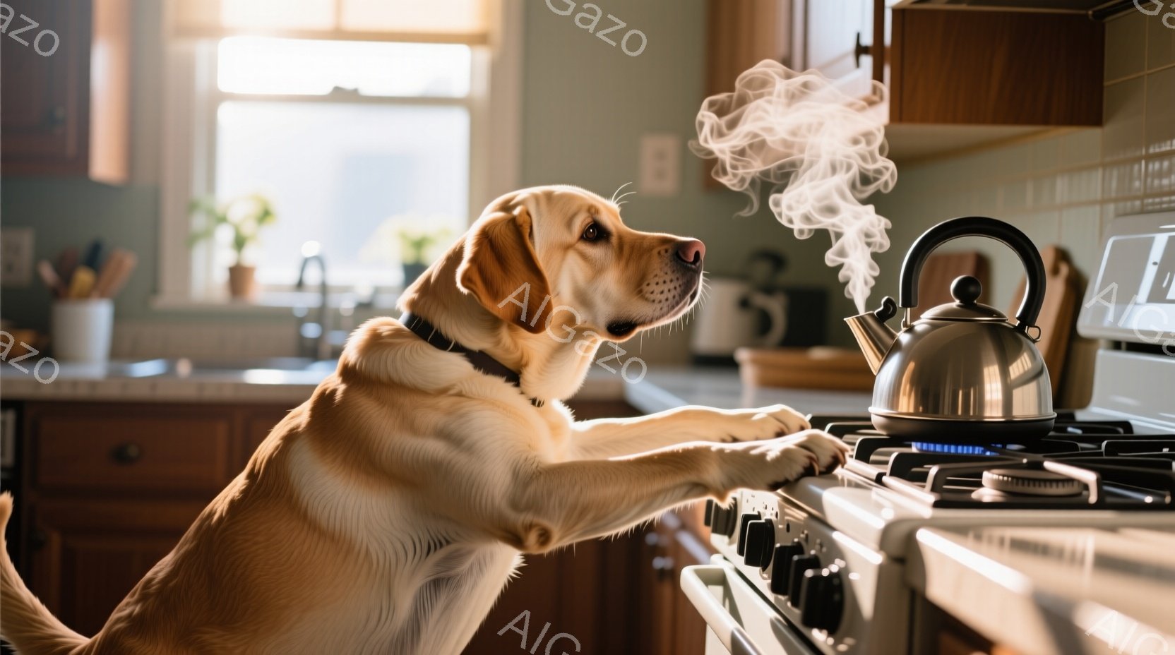 明るいキッチンで、茶色のラブラドールレトリバーが調理台のガスコンロに前足をかけて、蒸気を上げているケトルを見つめています。犬は首輪を付けており、集中した表情で、まるでケトルに興味津々です。背景には、木製のキャビネットや窓からの自然光が見え、温かく穏やかな雰囲気が漂っています。