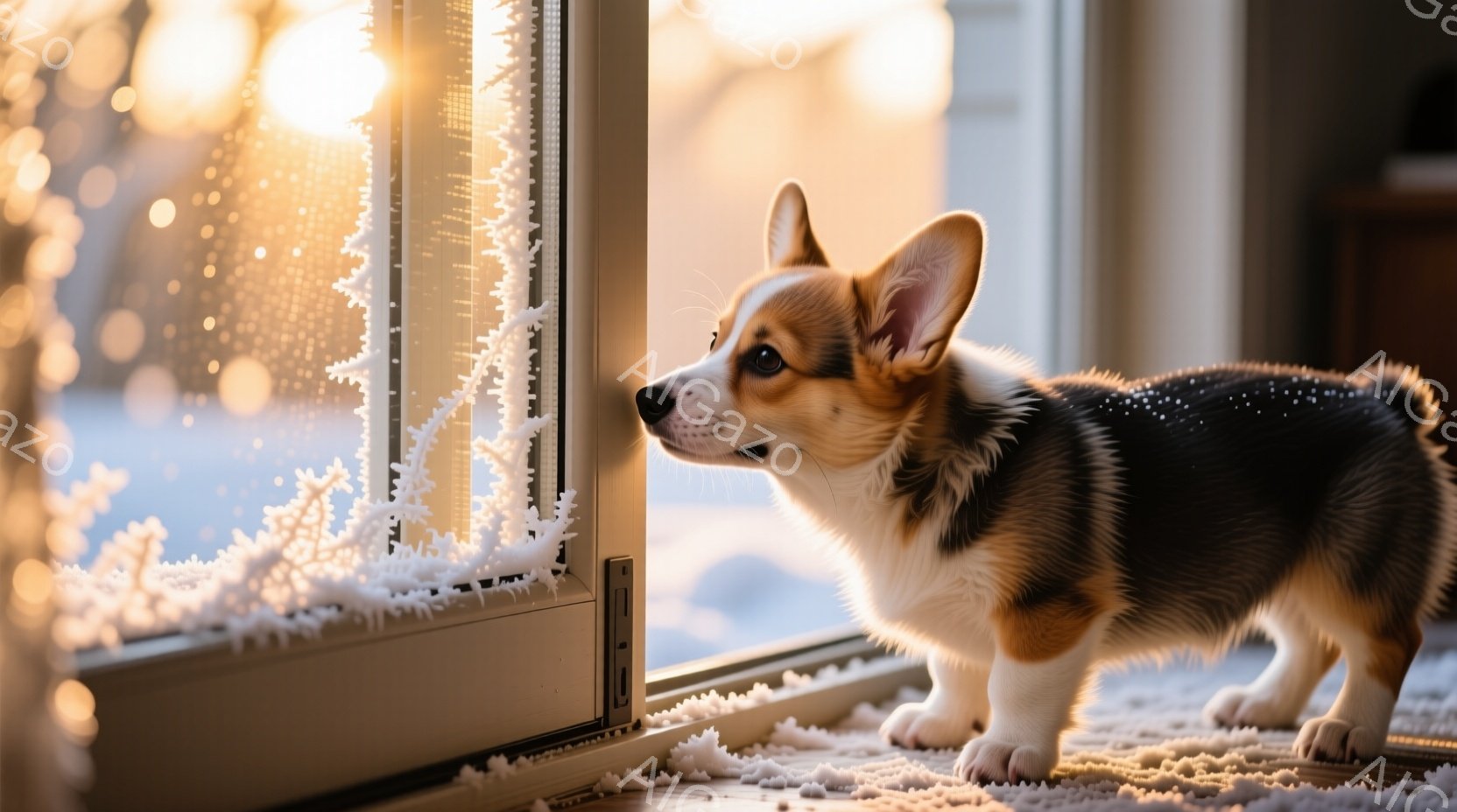窓に霜が降り積もり、室内から外を眺めるコルギ犬が写っています。茶色と黒の毛並みで、少し首を傾け、好奇心旺盛な表情で何かを見つめているようです。背景には木々が見え、冬の静かで穏やかな雰囲気が漂っています - AI生成フリー素材