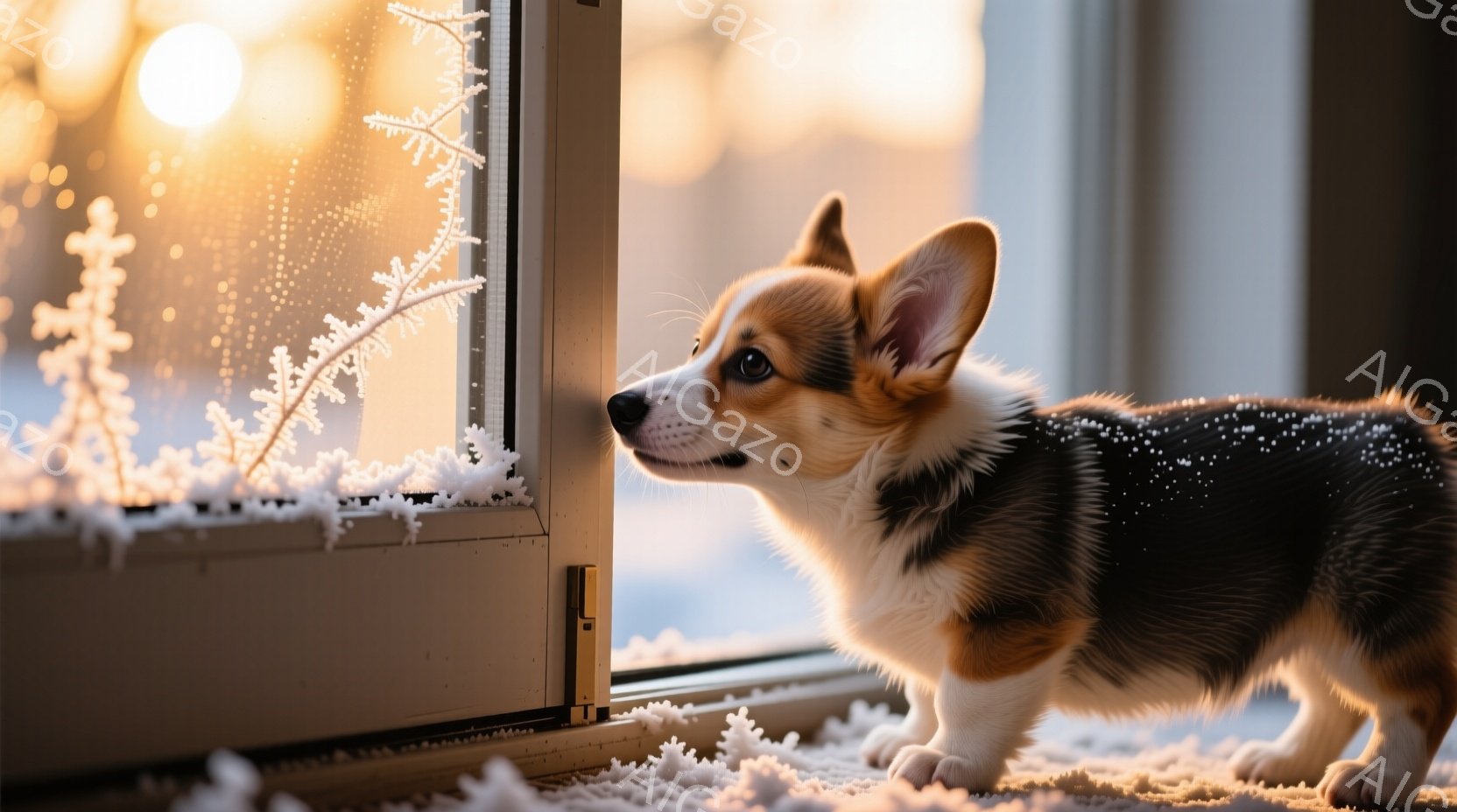 白と黒のコーギーの子犬が、雪で覆われた窓枠から外を見つめている。子犬は、少し上向きに顔を傾け、好奇心と期待に満ちた表情で、雪景色を眺めている。背景は雪に覆われた庭で、窓枠には霜が降り、冬の静かで穏やか - AI生成フリー素材