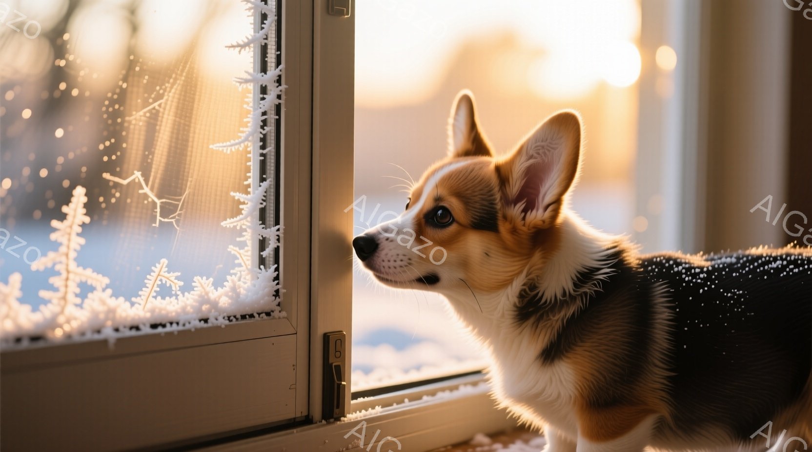 白い窓枠に寄りかかり、コルギ犬が外を眺めている。雪の結晶が窓に付着し、背景のぼやけた冬景色が犬の視線の先に見える。温かい光が犬の毛並みを照らし、静かで穏やかな雰囲気が漂っている。 - AI生成フリー素材