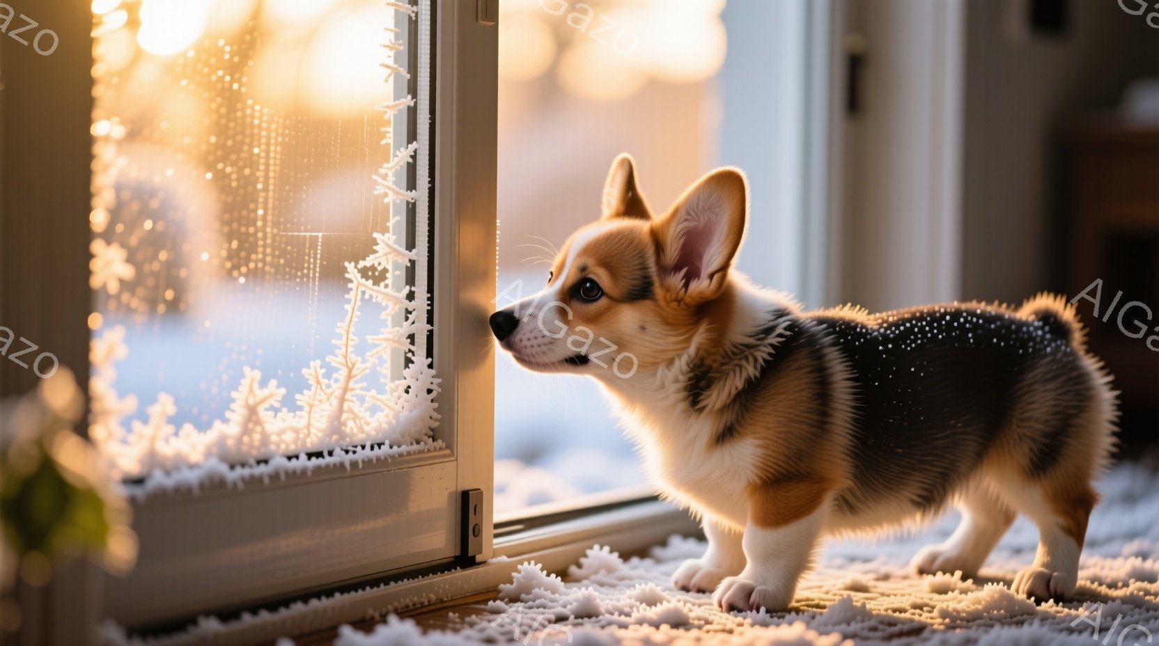 小さなコーギー犬が霜で覆われた窓の外を興味深そうに見つめています。窓の外は雪景色で、白い背景に薄暗い光が差し込み、冬の静かな雰囲気を醸し出しています。室内は暖かく、犬は柔らかい毛並みで、可愛らしい姿をしています。