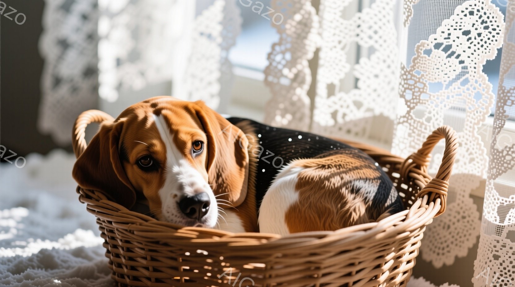 白と茶色の毛並みを持つビーグル犬が、編まれたバスケットの中に横たわっています。犬はリラックスした表情でカメラを見つめており、温かい日差しがバスケットと犬を照らしています。背景には繊細なレースのカーテン - AI生成フリー素材