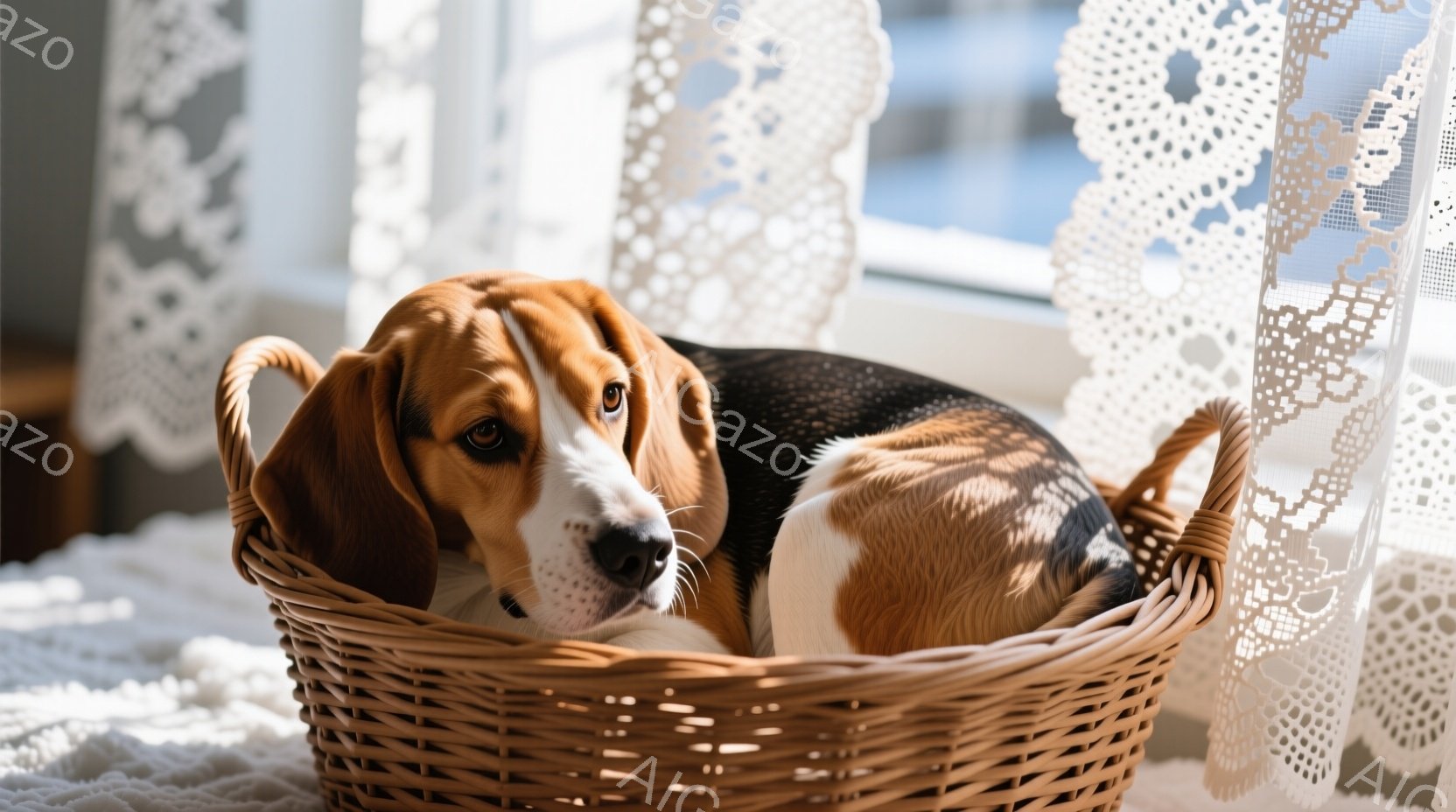 茶色のフレンチブルドッグが、窓辺の暖房器具の上に座って外を眺めている。犬は少し憂いのある表情で、窓ガラスには雨粒が付着しているのが見える。暖かく穏やかな室内と、雨の日の少し寂しげな雰囲気が混ざり合っている。