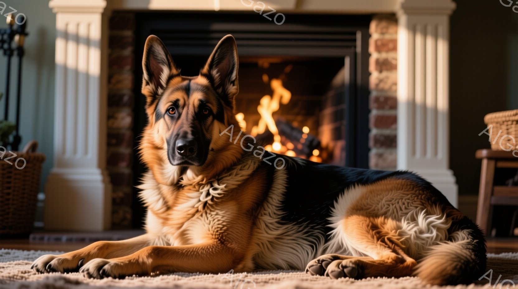 暖炉の前に横たわるジャーマンシェパードが写っています。その犬は、茶色と黒の毛並みで、リラックスした表情で正面を見ています。背景にはレンガ造りの暖炉と、明るいリビングルームの一部が見え、全体的に暖かく穏 - AI生成フリー素材