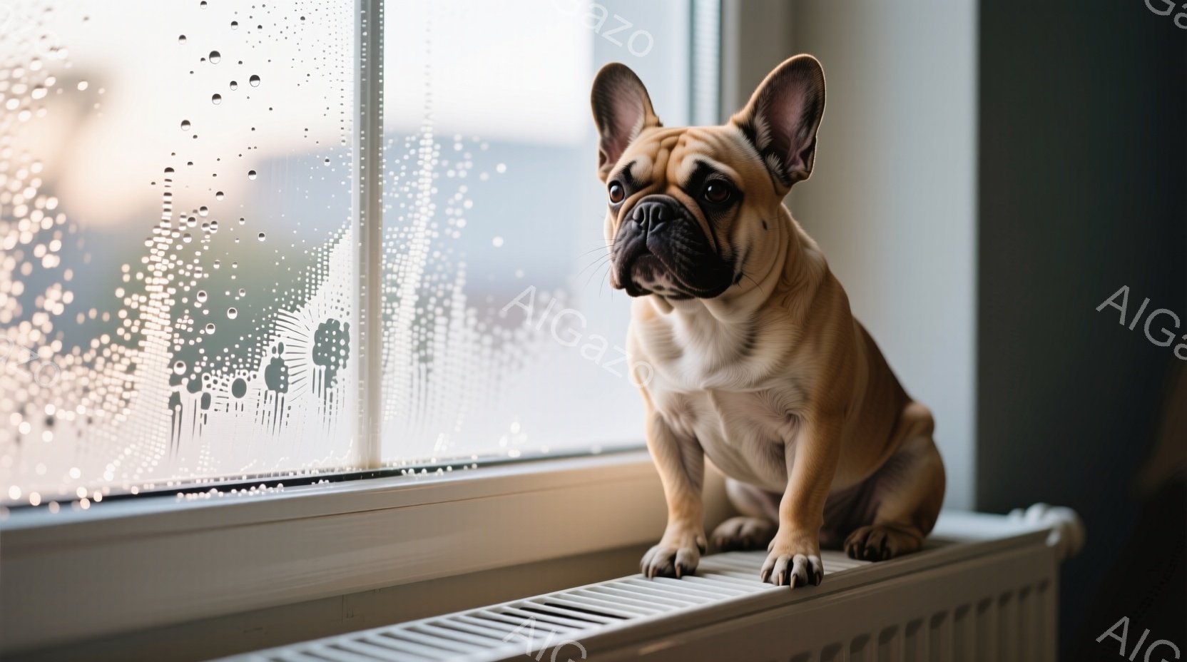 白い暖房器具の上に、タン色のフレンチブルドッグが座って外を眺めている。窓ガラスには雨粒がつき、ぼやけた緑色の風景が背景に見える。犬は少し憂いを帯びた表情で、静かで穏やかな雰囲気が漂っている。 - AI生成フリー素材