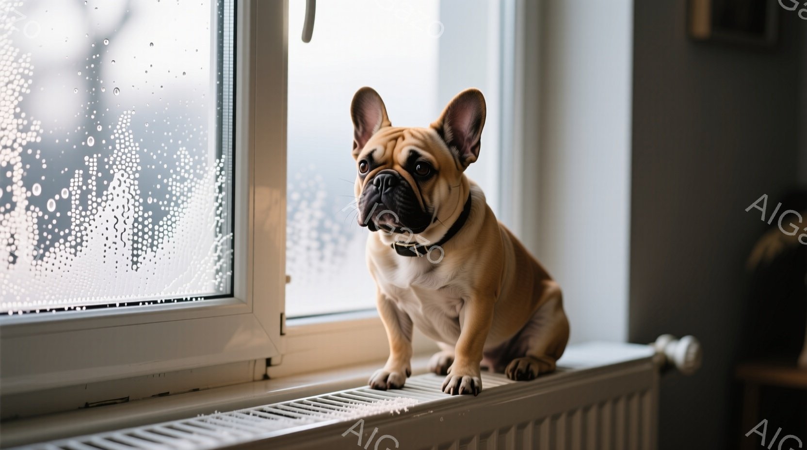 白い窓枠にベージュ色のフレンチブルドッグが座っており、黒い首輪をつけている。窓には雨粒がつき、室内から外を眺めている様子が伺える。暖房器具の上で、少し物憂げな表情で静かに座っている姿が印象的だ。 - AI生成フリー素材
