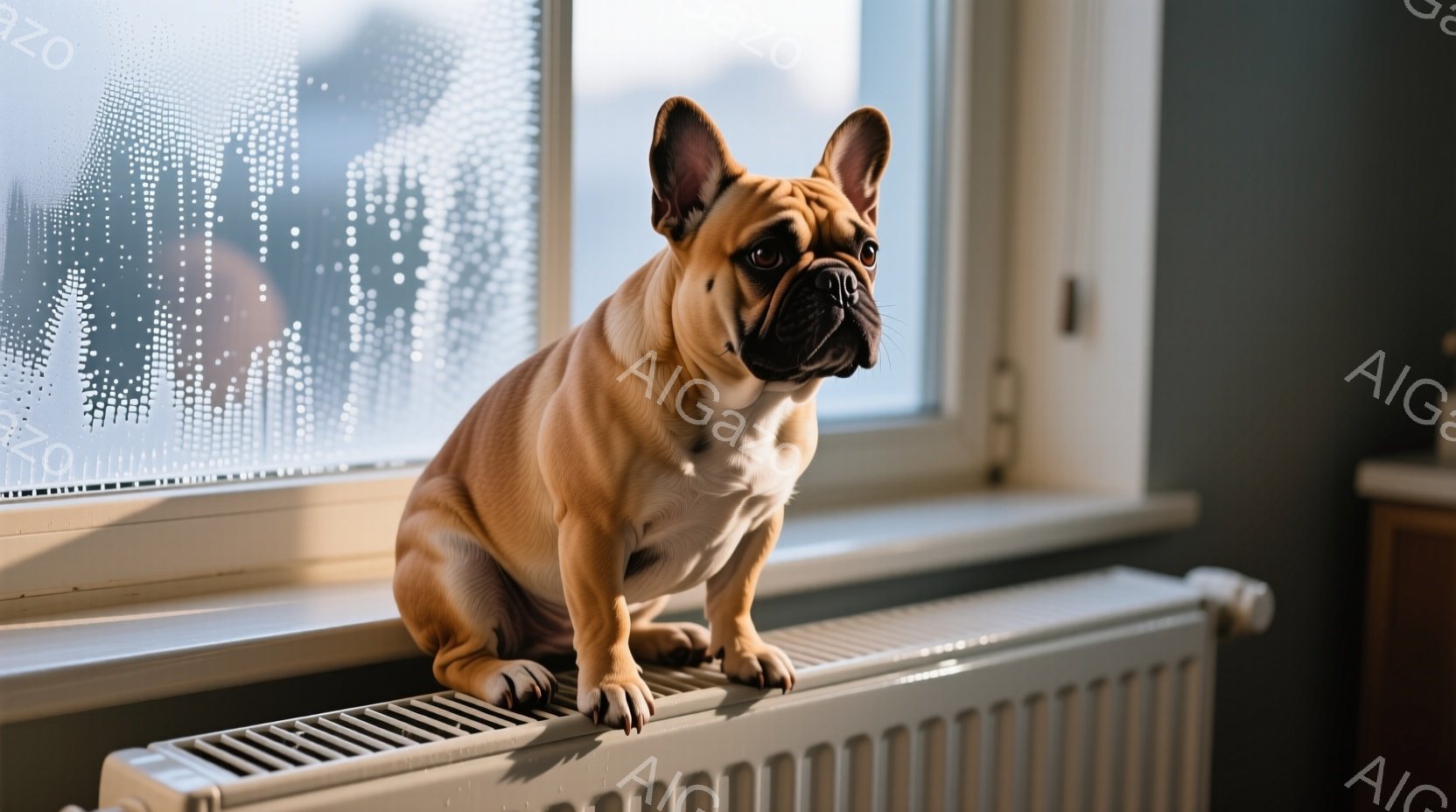 白い窓枠に座っている、クリーム色のブルドッグの画像です。その犬は正面を見つめ、わずかに眉をひそめて、どこか物憂げな表情をしています。窓の外は曇っていて、ぼんやりとした光が差し込み、室内は静かで穏やかな雰囲気が漂っています。