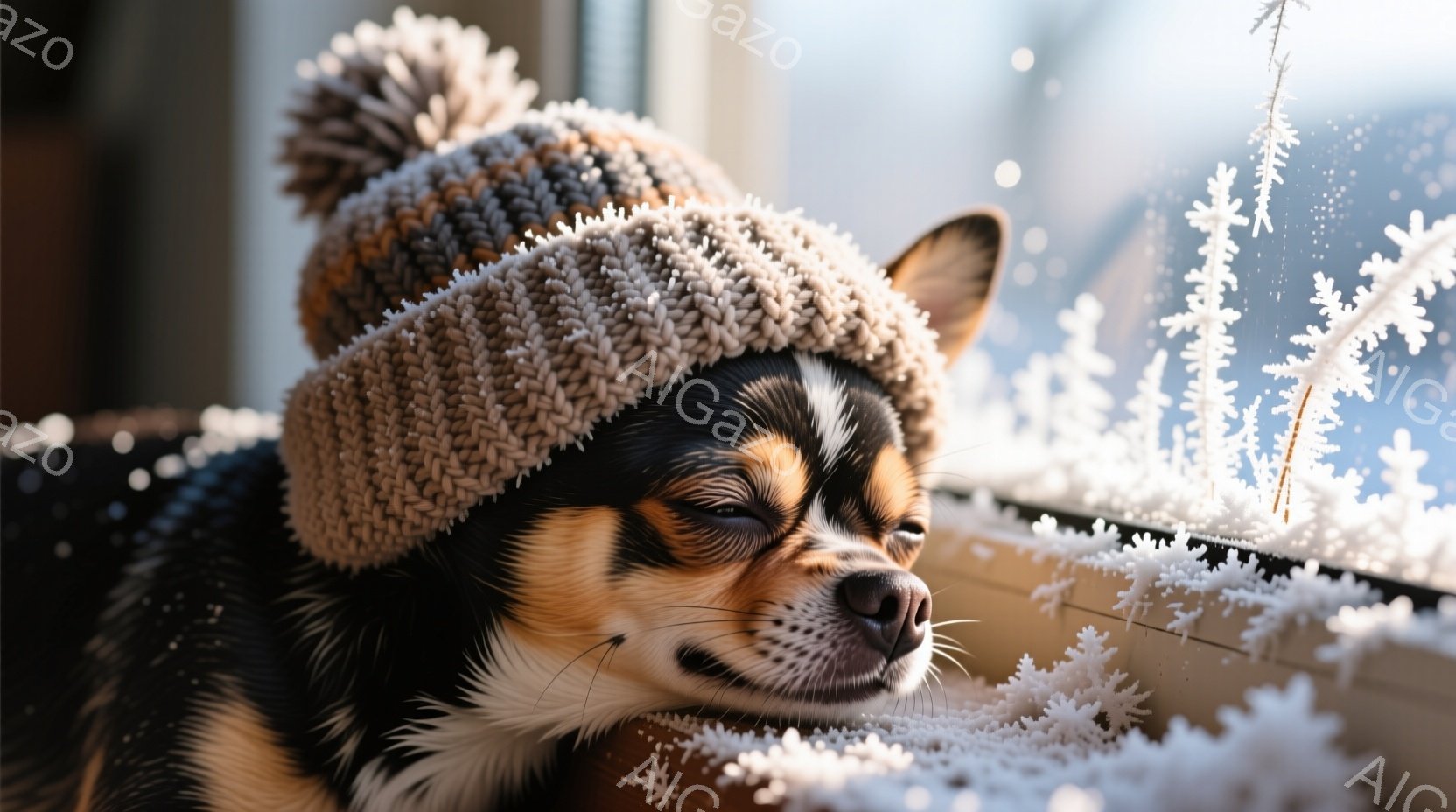 茶色の毛並みと黒い斑点模様のチワワが、冬らしいニット帽をかぶって窓辺でうつむいて眠っています。窓ガラスには雪の結晶が描かれており、室内からの暖かさと、外の寒さが対照的な様子が伺えます。全体的に穏やかで、冬の日の暖かな午後の雰囲気が漂っています。