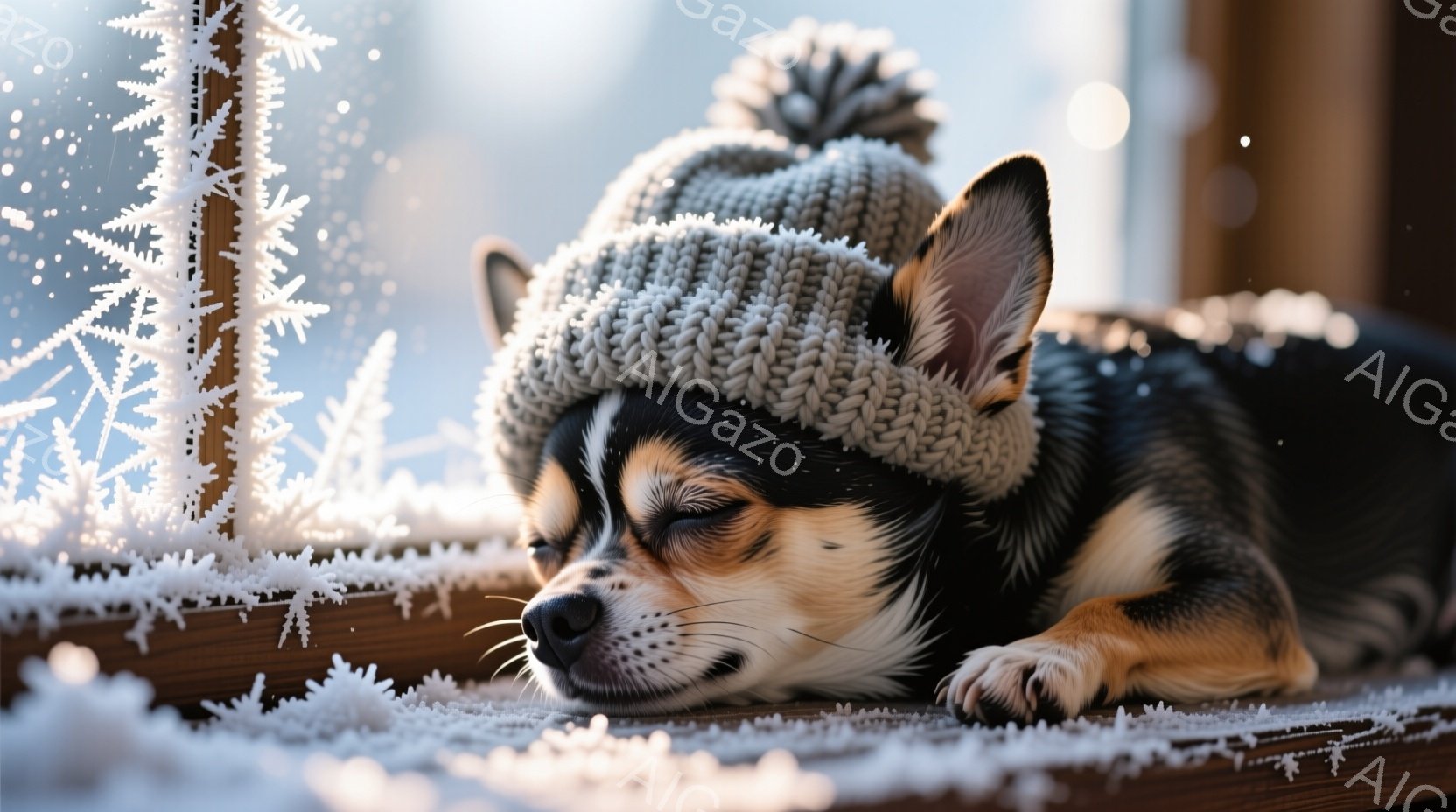 小さなチワワが窓辺で暖かく眠っています。頭には編み製の帽子が被っており、その表情は穏やかでリラックスしています。背景には霜が降りた窓ガラスと、ぼやけた光のぼかしがあり、冬の静かで心地よい雰囲気を醸し出 - AI生成フリー素材