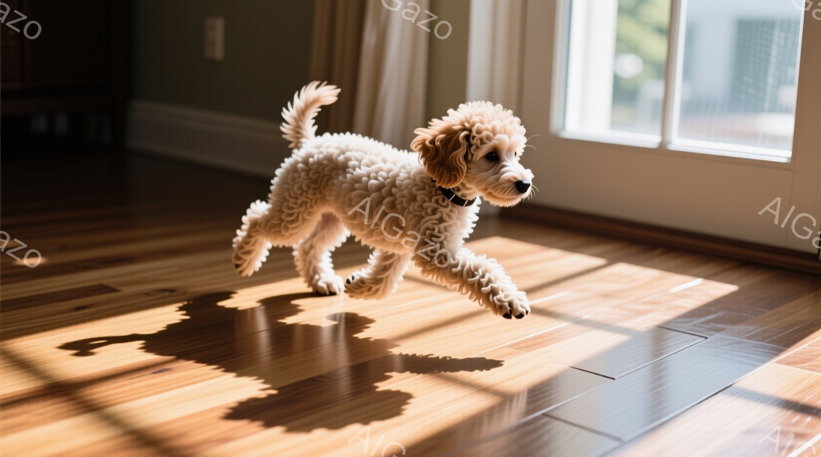 明るい日差しの差し込むフローリングの上を、ふわふわのクリーム色の巻き毛の犬が元気に走り回っている。犬は首輪をつけており、楽しげな表情で前方を向いている。背景には大きな窓と薄いカーテンが見え、室内は温かく穏やかな雰囲気が漂っている。