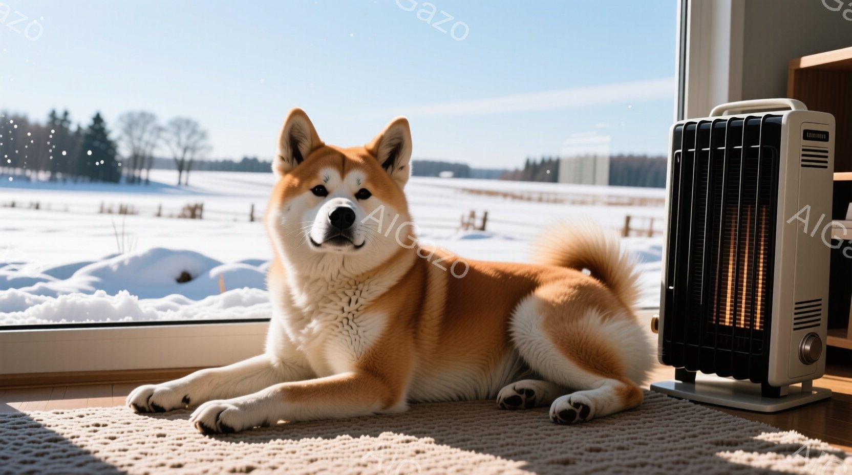 柴犬が窓辺のラグの上に横たわっており、リラックスした表情で正面を見ている。背景には雪景色が広がり、冬の静かな雰囲気が漂っている。暖房器具が犬の隣に置かれており、暖かく心地よい空間を演出している。 - AI生成フリー素材