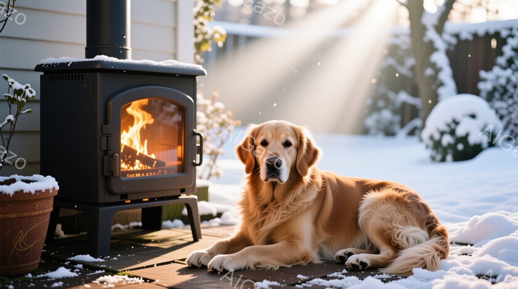 雪が降る庭に、金色のレトリバーがリラックスして横たわっています。暖炉の温かい光が犬を照らし、背景には雪で覆われた植物と木々が見えます。穏やかで冬らしい、落ち着いた雰囲気が漂っています。