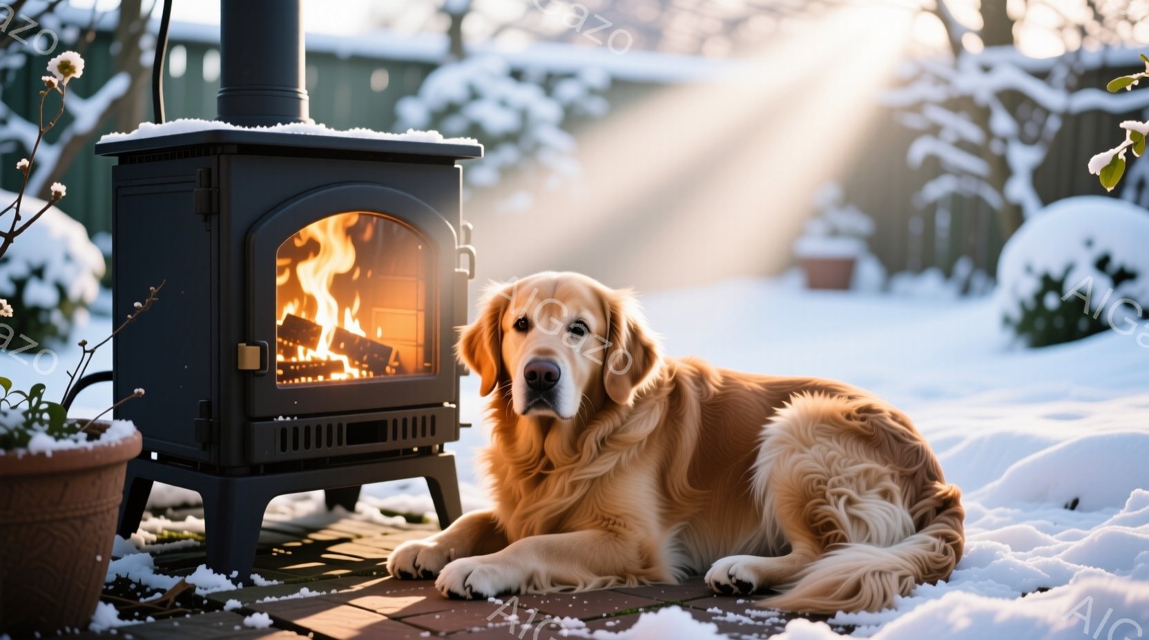 雪に覆われた庭に、黒色の暖炉が設置され、その前にゴールデンレトリバーが横たわっています。犬はリラックスした表情で、前足を伸ばして暖炉の熱を楽しんでいるようです。背景には雪景色が広がり、寒々とした冬の日 - AI生成フリー素材