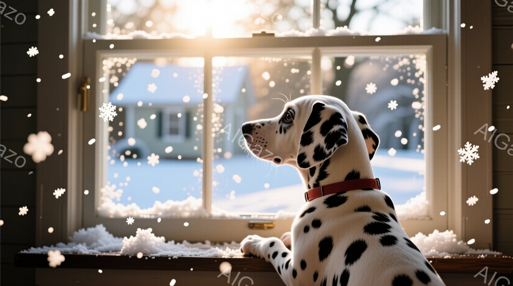 白地に黒い斑点模様のダルメシアンが、雪が降り積もる窓辺に前足をかけて座っています。ダルメシアンは赤い首輪をつけており、外の雪景色をじっと見つめています。背景には雪に覆われた家々や木々が見え、全体的に静 - AI生成フリー素材