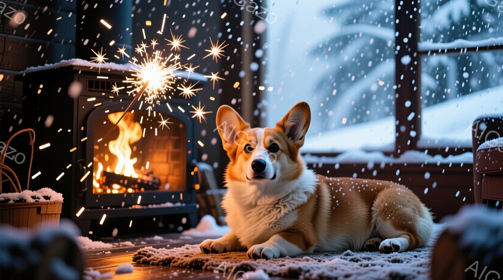 雪が降る冬の暖炉の前で、コーギー犬が落ち着いて横たわっています。犬は茶色と白の毛並みで、穏やかな表情でカメラを見つめています。暖炉の炎が温かい光を投げかけ、雪景色が窓の外に広がっており、居心地の良い冬 - AI生成フリー素材
