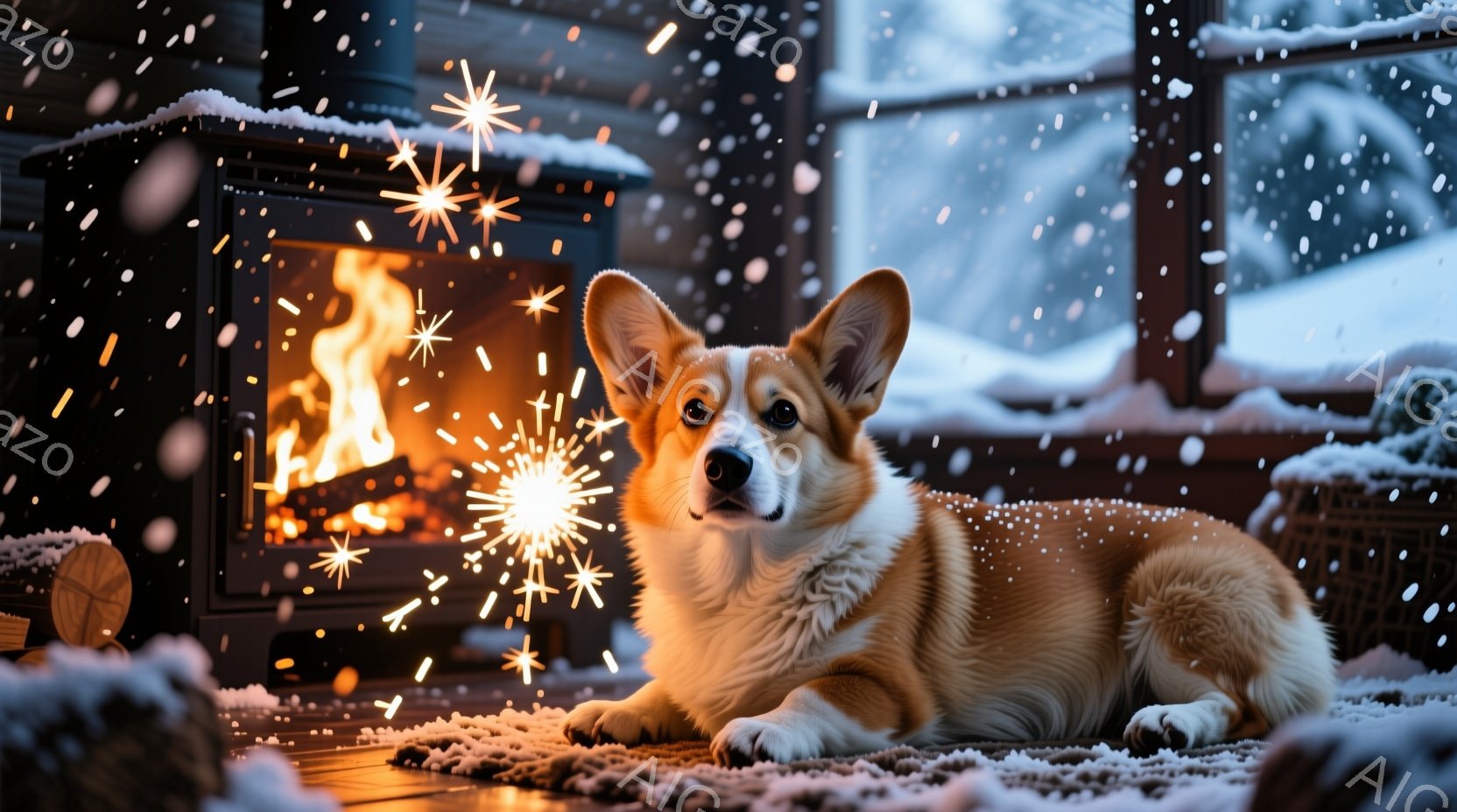 雪が降る寒い日に、暖炉の前でコーギー犬がリラックスして座っています。犬は明るいオレンジと白の毛並みで、穏やかな表情をしており、暖炉の温かさと周囲の雪景色とのコントラストが心地よい雰囲気を醸し出していま - AI生成フリー素材