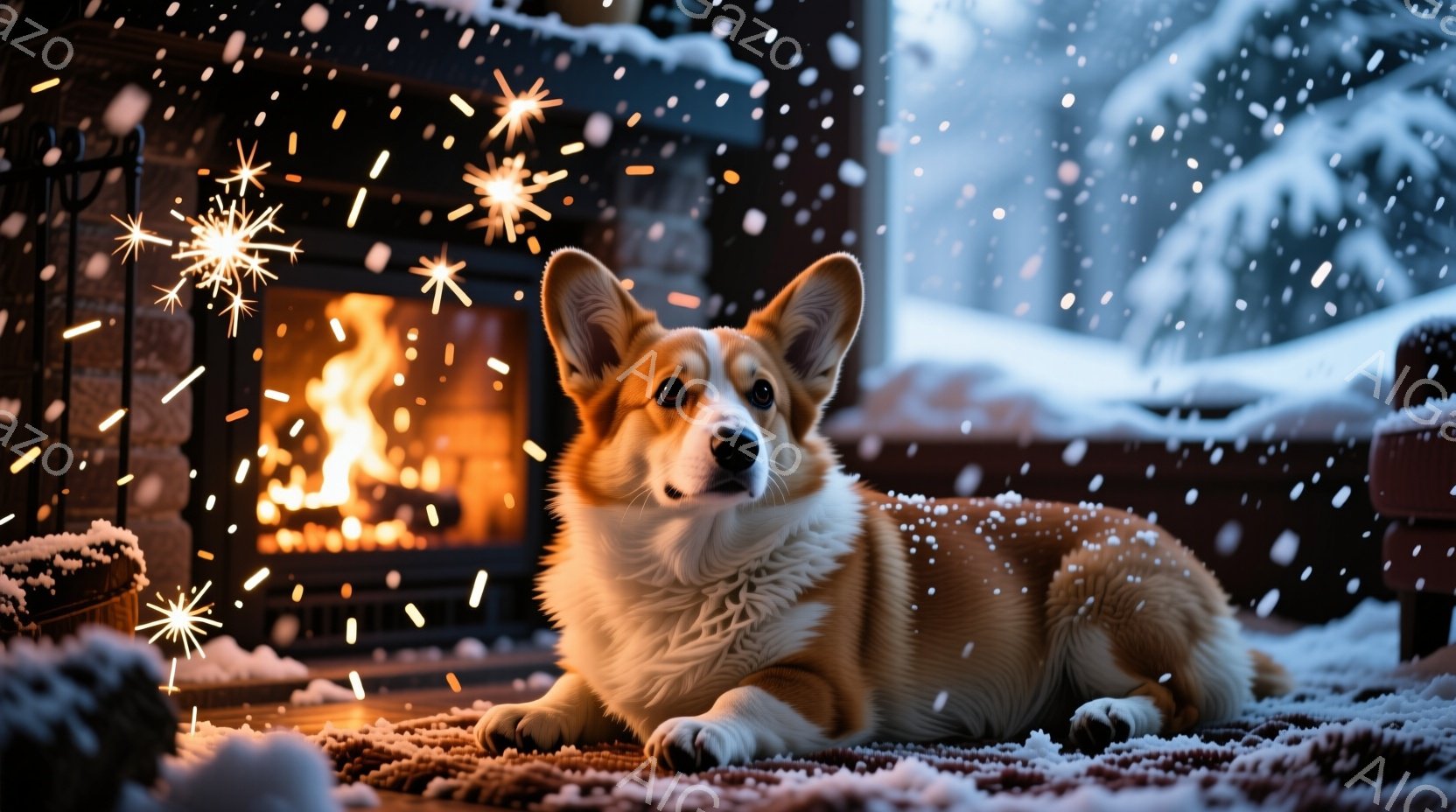 温炉のそばで、茶色と白のコーギー犬がリラックスして横たわっています。雪が降る窓の外には、雪に覆われた木々が見え、暖炉の火が室内を温かく照らしています。犬は前足を伸ばし、穏やかな表情でこちらを見ており、 - AI生成フリー素材
