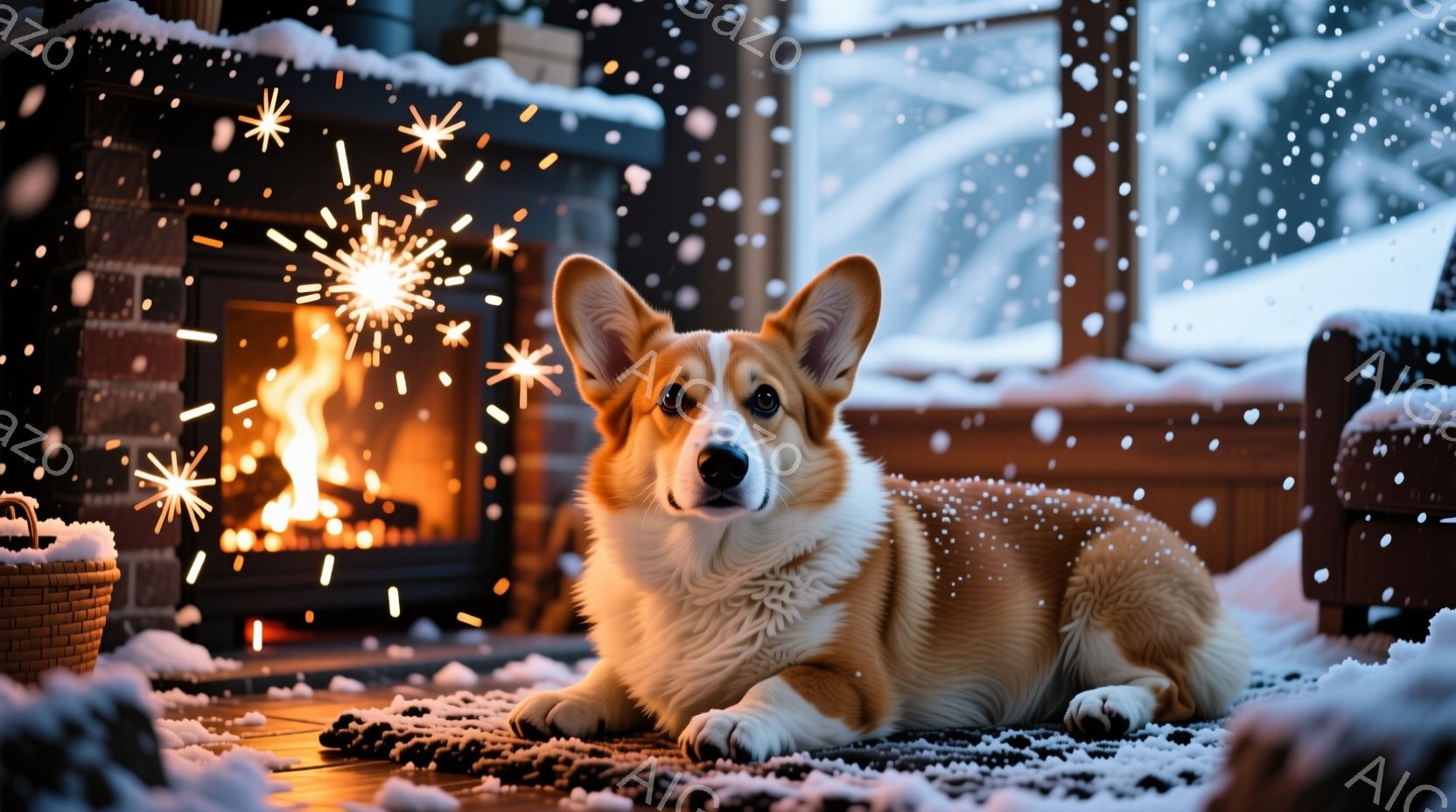 暖炉のそばに横たわるコーギー犬が写っています。雪が降る外を背景に、暖炉の火が暖かく、犬はリラックスした表情で、正面を見つめています。室内は落ち着いた雰囲気で、冬の暖かさを感じさせます。 - AI生成フリー素材