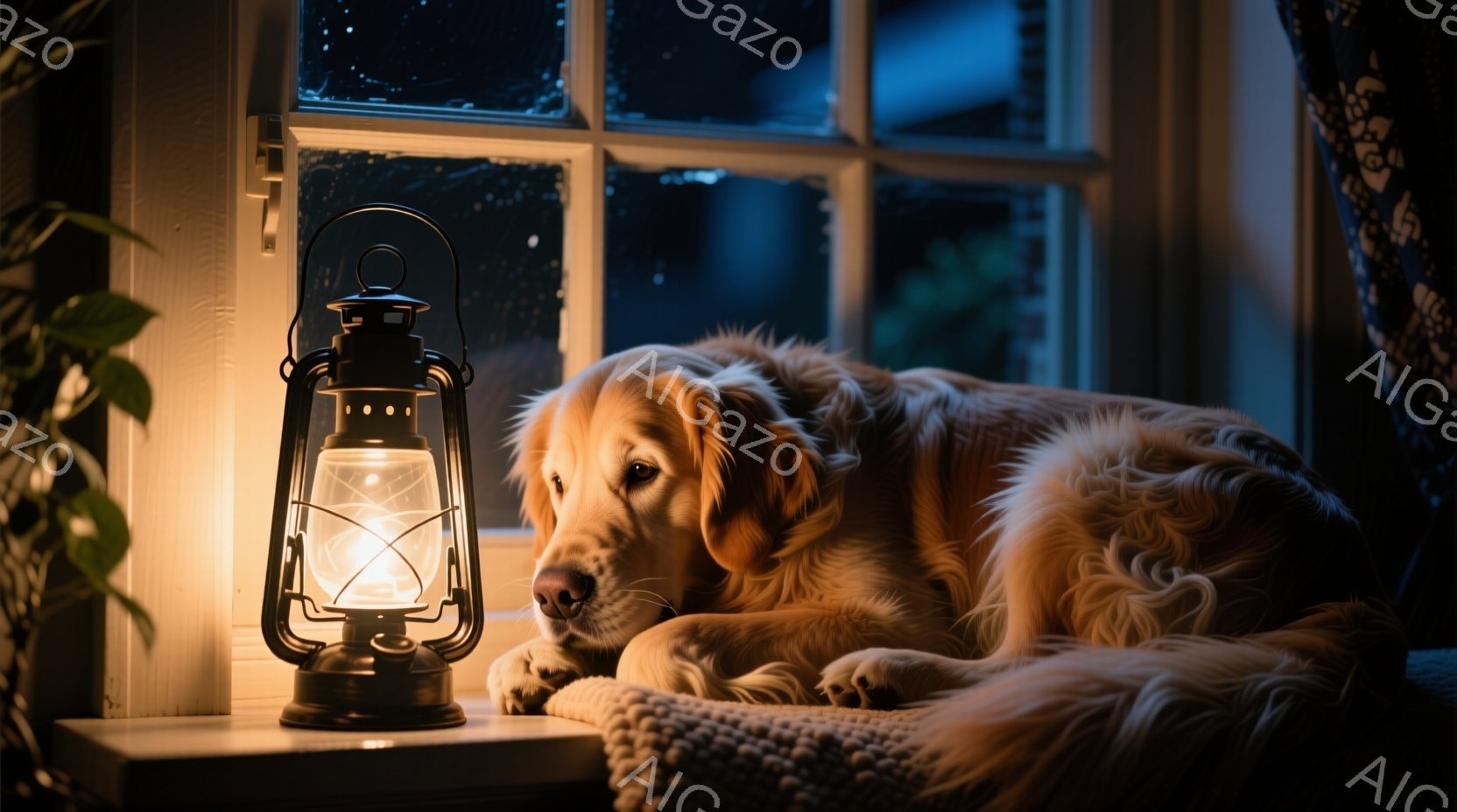 黄金色のレトリバーが窓辺で横たわり、その表情はどこか物憂げで穏やかだ。窓の外は雨が降り、室内には古いランタンの温かい光が灯り、レトリバーの毛並みを照らしている。全体的に、雨の夜の静けさと温もりを感じさせる、落ち着いた雰囲気の画像である。