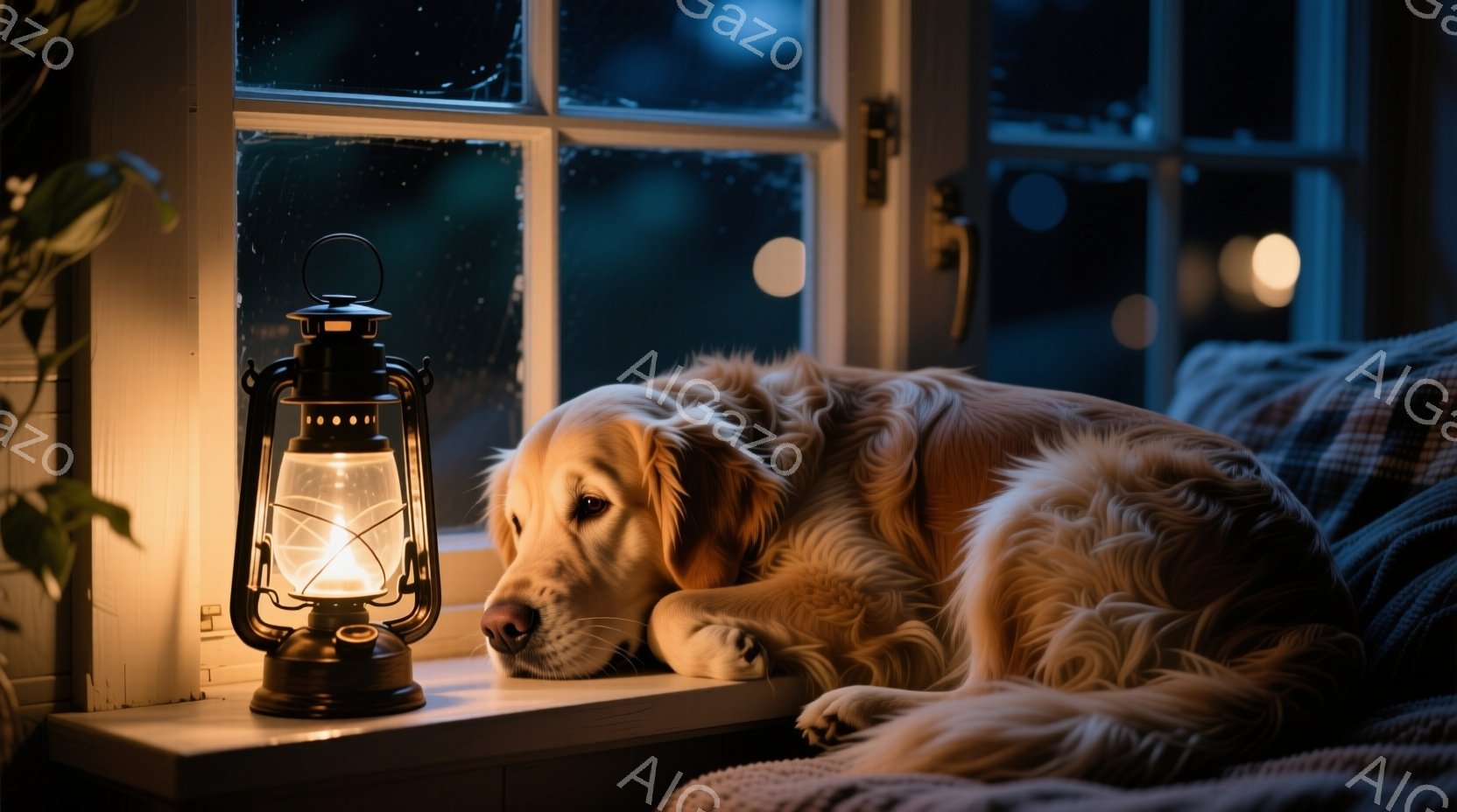 温かい光に照らされた窓辺で、ゴールデンレトリバーがリラックスして横たわっています。外は雨が降っており、窓ガラスには雨粒がついていますが、室内は落ち着いた雰囲気です。ランタンの優しい光が犬を照らし、静か - AI生成フリー素材