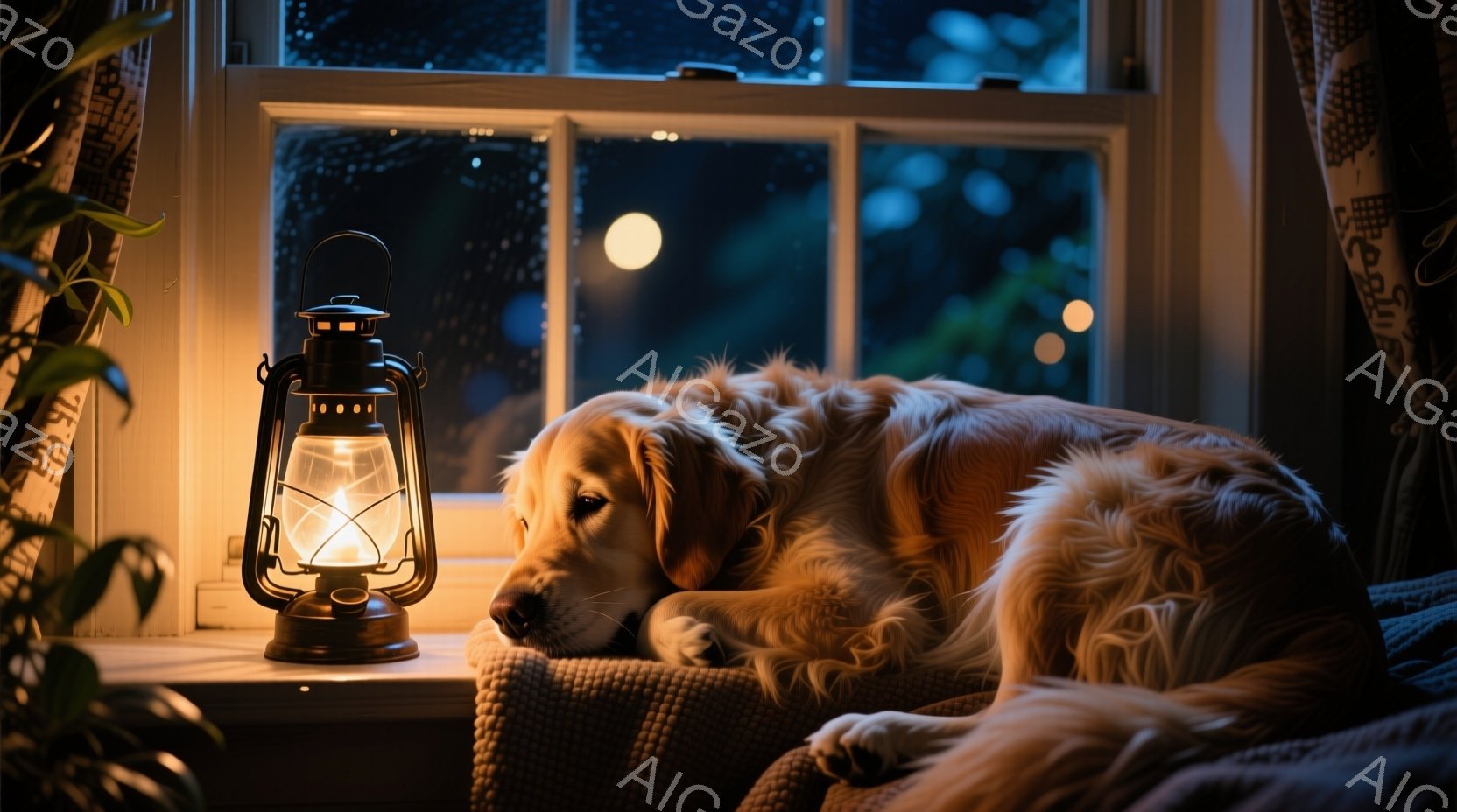 明るい色の犬が窓際のクッションの上に横たわっており、憂鬱そうな表情で外を見つめている。窓の外は暗く、雨が降っているようで、ぼやけた光が遠くに見える。暖色のランタンが近くに置かれ、犬と周囲を柔らかく照ら - AI生成フリー素材