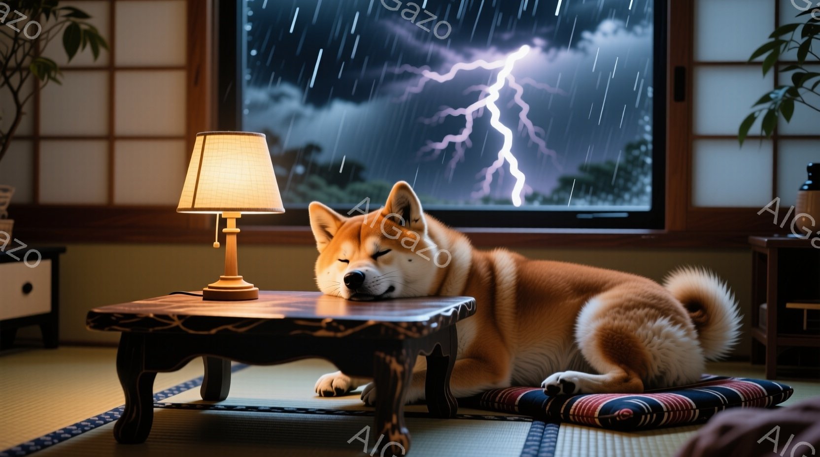 畳の上に、秋田犬が丸まって眠っている。背景には雷雨の映像が映るテレビがあり、部屋は落ち着いた照明で照らされている。犬はリラックスした様子で、穏やかな雰囲気を醸し出している。