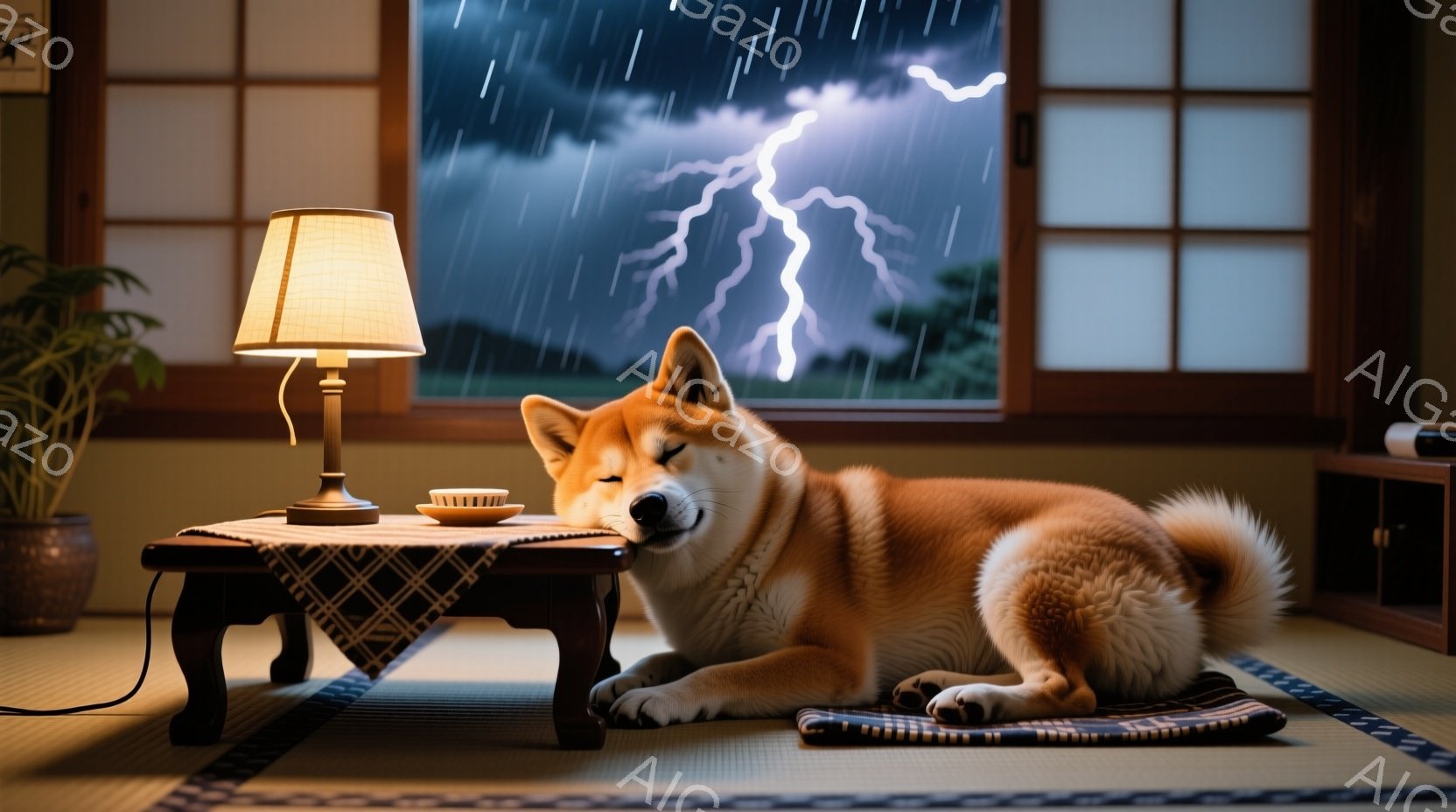 暖かい色の柴犬が畳の上に横たわり、目を細めてリラックスしています。背景には雷雨の光景が広がり、雨と稲妻が窓の外を照らしています。低いテーブルの上にはランプと小さな皿が置かれ、部屋全体が穏やかで落ち着い - AI生成フリー素材
