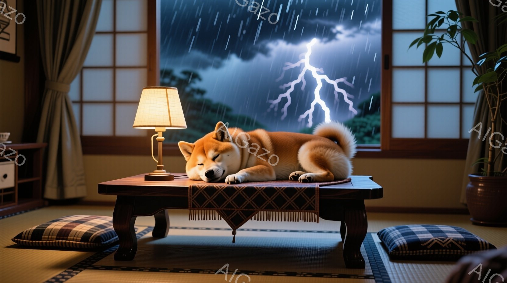 柴犬が低い座卓の上で丸まって眠っている。窓の外は激しい雨と稲妻が光り、雷雨の夜を暗示している。畳の部屋には座布団が置かれ、落ち着いた暖炉のある雰囲気と、犬の平和な眠りが対照的である。