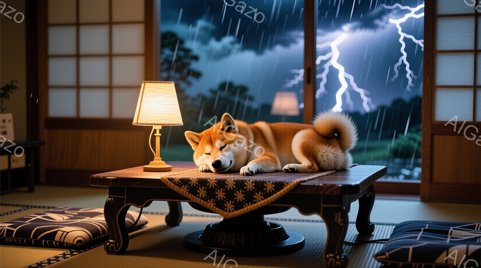 畳の部屋で、秋田犬が低いテーブルの上で丸まって眠っている。外は激しい雨と雷が降り、窓の外の景色は暗く、嵐の夜の静けさと安らぎを感じさせる。テーブルの上にはランプが置かれ、犬を優しく照らし、部屋全体を暖かく包み込んでいる。
