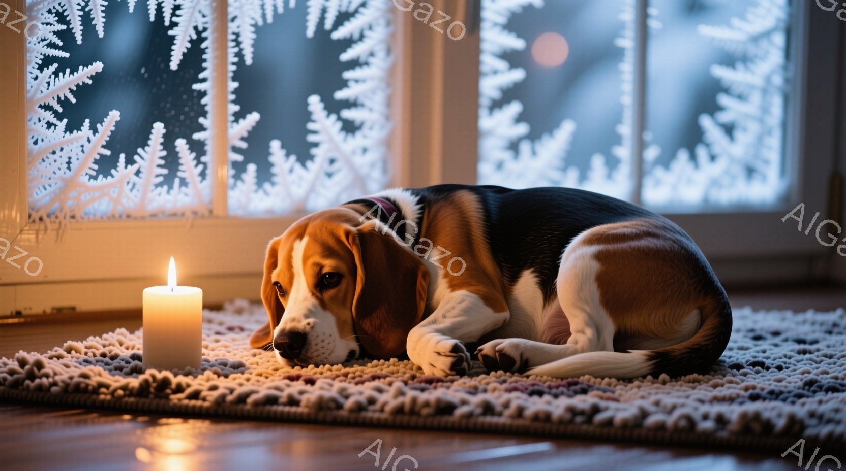 茶色と白のビーグル犬が、白い毛足の長いラグの上に横たわっています。窓の外には雪の結晶のような模様が描かれており、そのそばには小さな火のついたキャンドルが置かれています。暖かく穏やかな雰囲気で、冬の静寂 - AI生成フリー素材