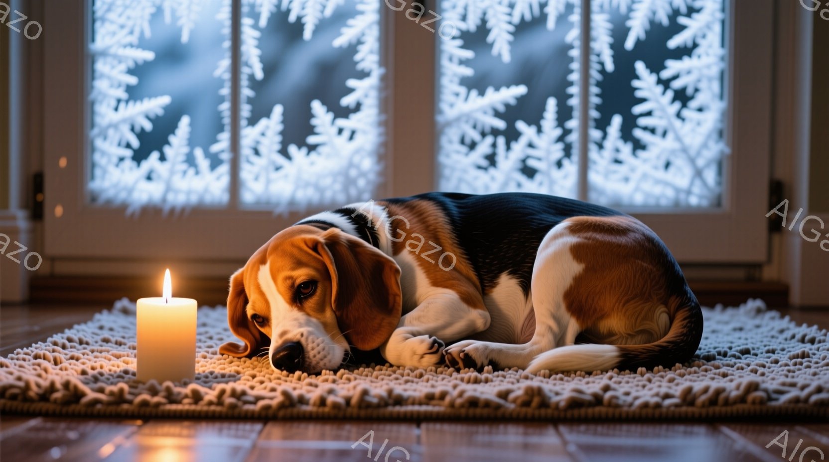 一匹のビーグル犬が、毛並みの白いラグの上に横たわっています。犬のすぐ隣には、明かりを灯したキャンドルがあり、その柔らかい光が犬を照らしています。背景には、霜や雪で覆われた窓が見え、室内は暖かく、静かで - AI生成フリー素材