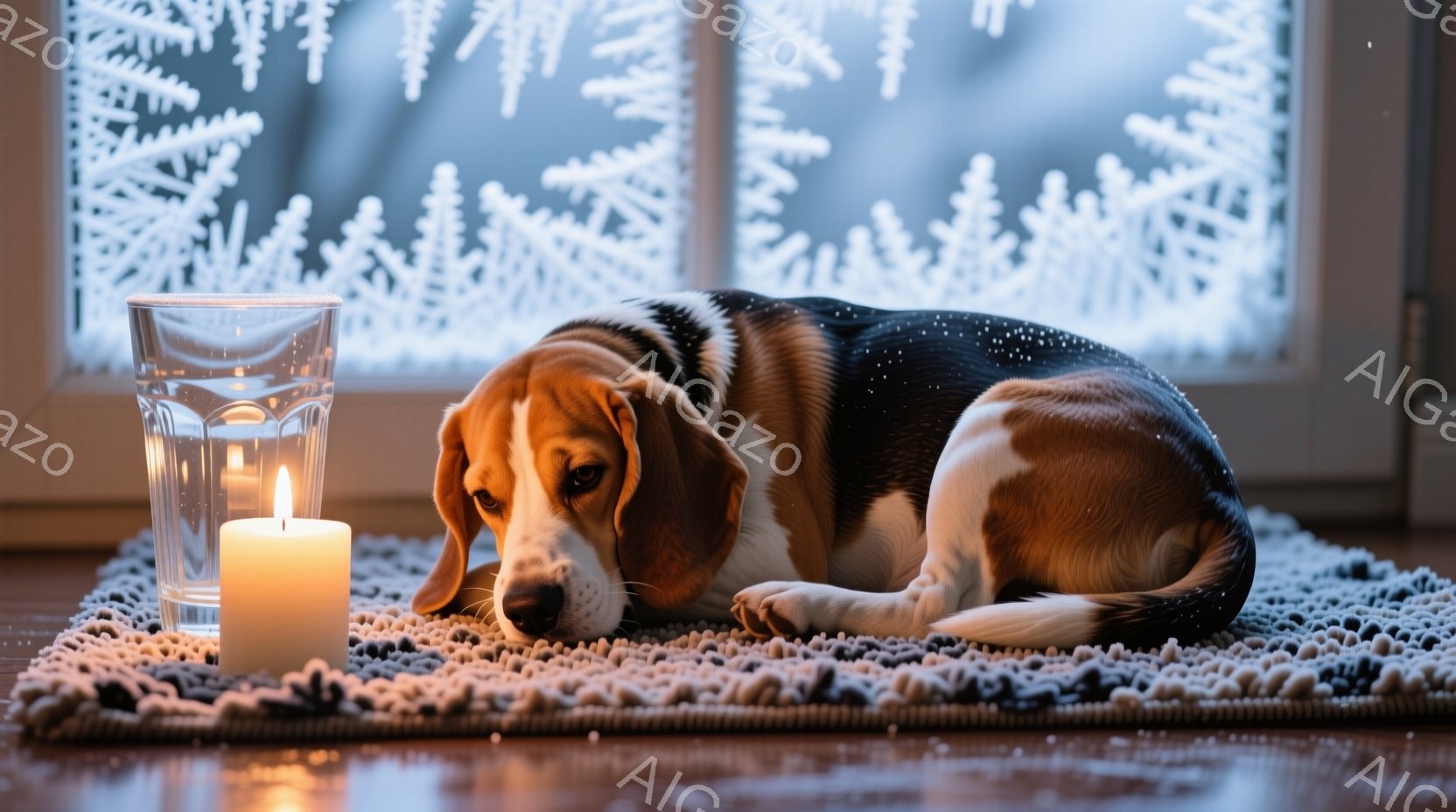 温かい光に照らされたビーグル犬が、ふかふかの白いラグの上に横たわっています。犬は少し悲しげな表情で、落ち着いた様子でリラックスしています。背景には、雪の結晶が描かれた窓と、薄暗い室内が広がり、静かで穏 - AI生成フリー素材