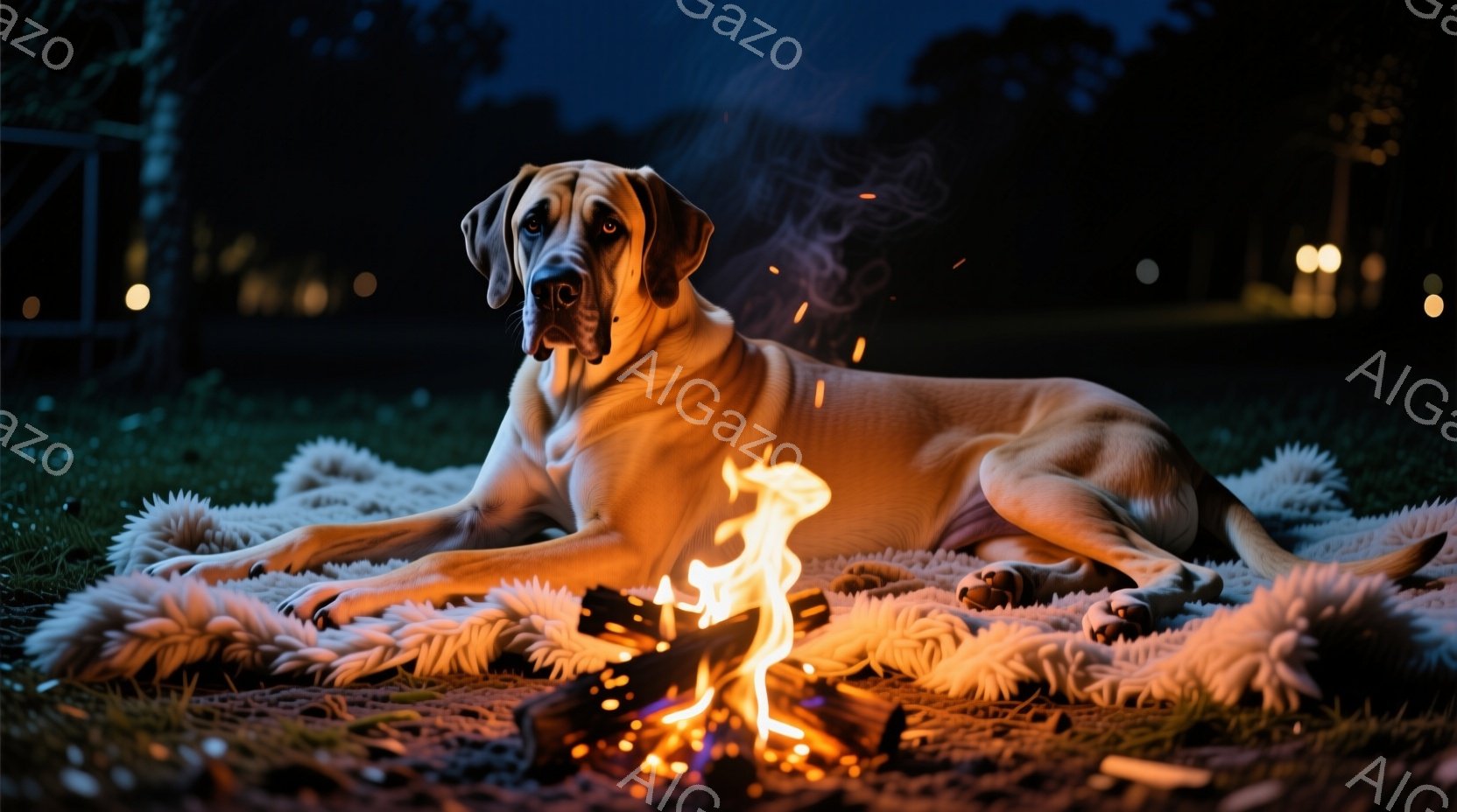 広大な緑の芝生の上に、クリーム色の毛並みの大型犬がゆったりと横たわっています。犬の視線はカメラに向いており、穏やかでリラックスした表情を浮かべています。手前に燃え盛る焚き火があり、背景は暗く、ぼやけた光点が散らばる夜空と木々のシルエットが確認できます。