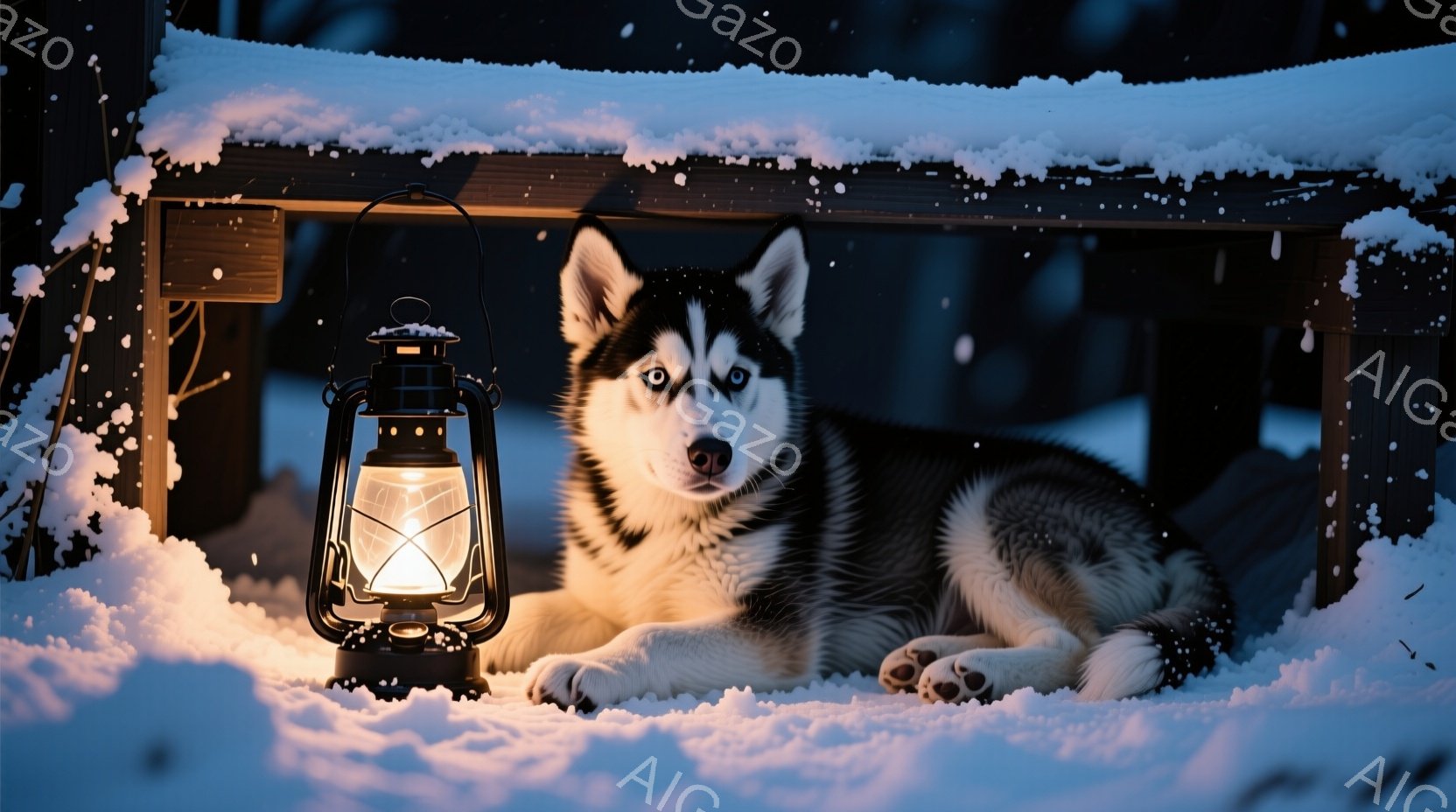 シベリアンハスキーが雪の中に横たわり、古風な石油ランタンがその隣に置かれている。ハスキーは鋭い青い目でカメラを見つめ、リラックスした姿勢で白い前足を出している。背景は暗い森であり、雪が降り積もり、全体的に穏やかで神秘的な雰囲気を醸し出している。