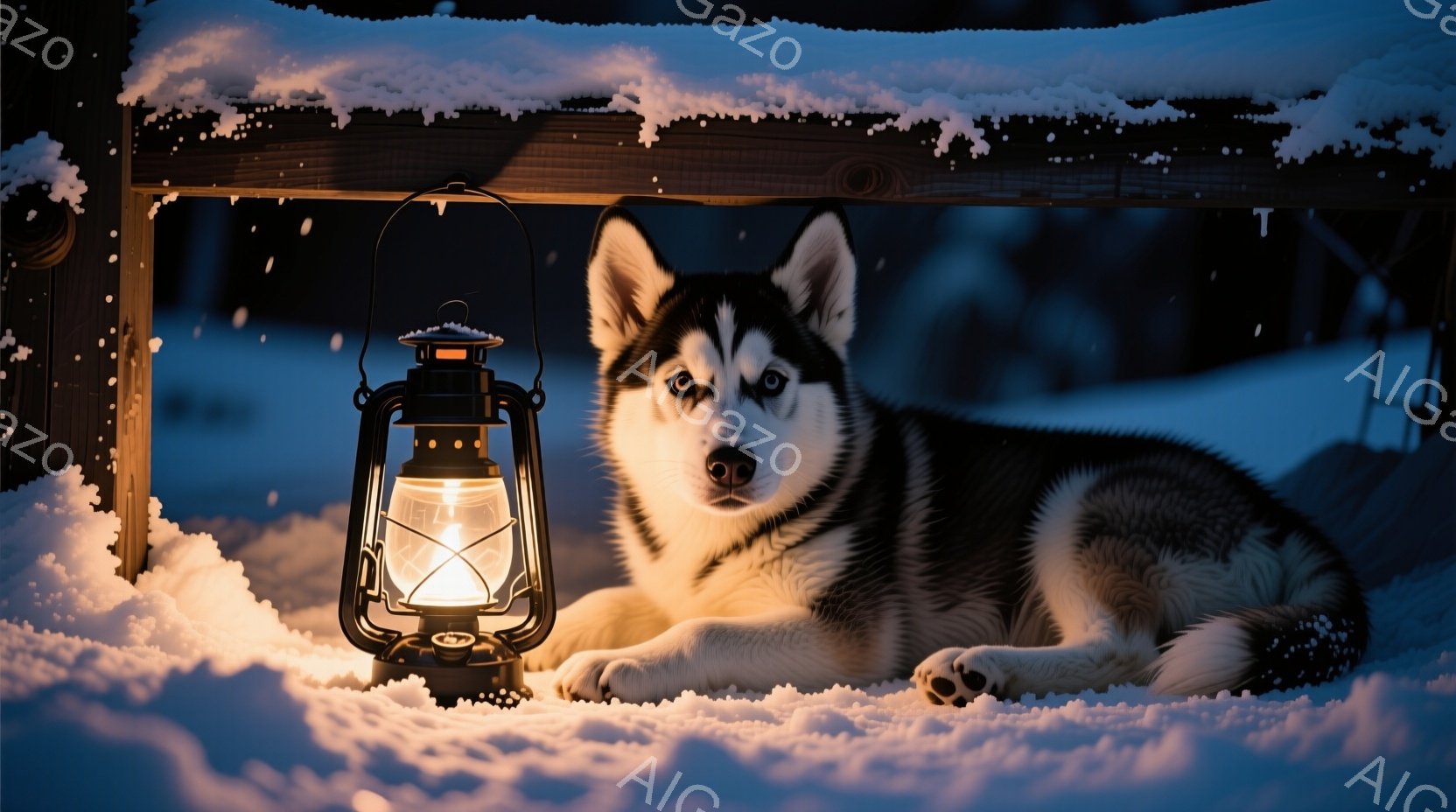 雪景色の中に、黒と白のシベリアンハスキーが横たわっています。暖かそうなランタンがハスキーの隣に置かれ、雪に照らされた光が犬の毛並みを照らし出しています。背景は雪に覆われた木々のシルエットで、冷たく静かな冬の夜の雰囲気を醸し出しています。