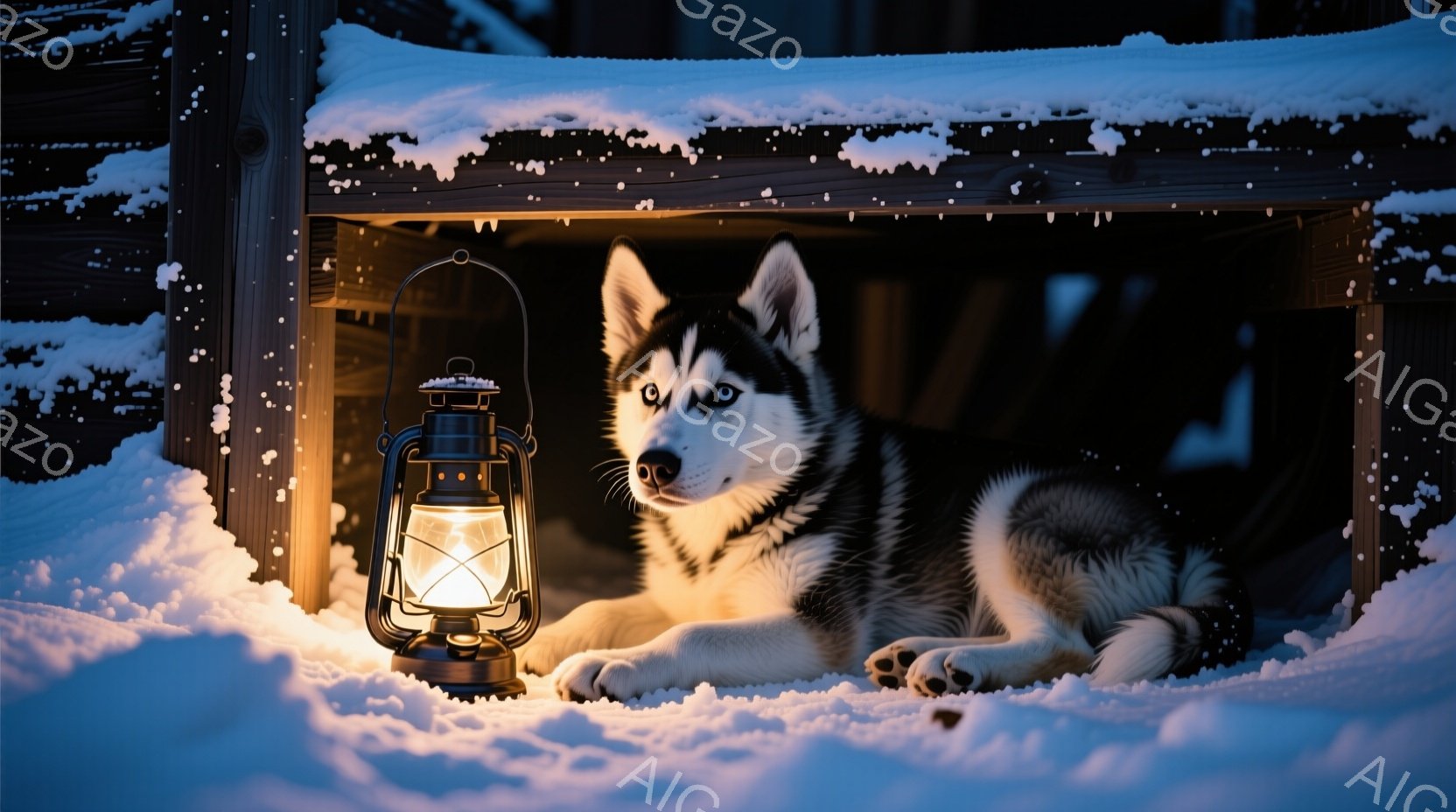 雪に覆われた木製の小屋の中に、シベリアンハスキーが横たわっています。暖かく光るランタンが犬の隣に置かれ、その表情は穏やかでどこか神秘的です。背景は雪景色で、全体的に静かで温かい、冬の夜の雰囲気が漂って - AI生成フリー素材
