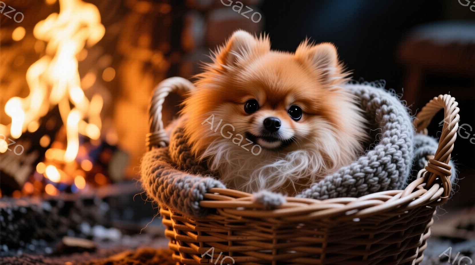 ふわふわの茶色のポメラニアンが、編み物のバスケットの中に丸まって座っています。犬は幸せそうに前を見つめ、その表情は穏やかで可愛らしいです。背景には暖炉の炎が見え、温かく居心地の良い雰囲気を醸し出してい - AI生成フリー素材