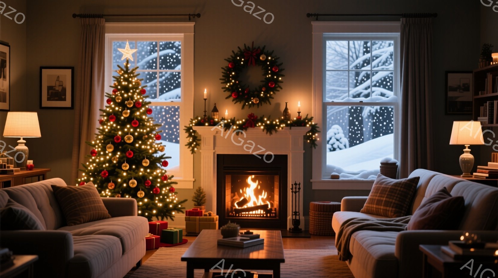 暖炉の火が暖かく光るリビングルームで、クリスマスツリーが輝いています。窓の外は雪景色で、冬の静寂と安らぎが感じられます。プレゼントボックスが置かれた暖炉のそばには、心地よい光が灯るランプがあり、温かい - AI生成フリー素材