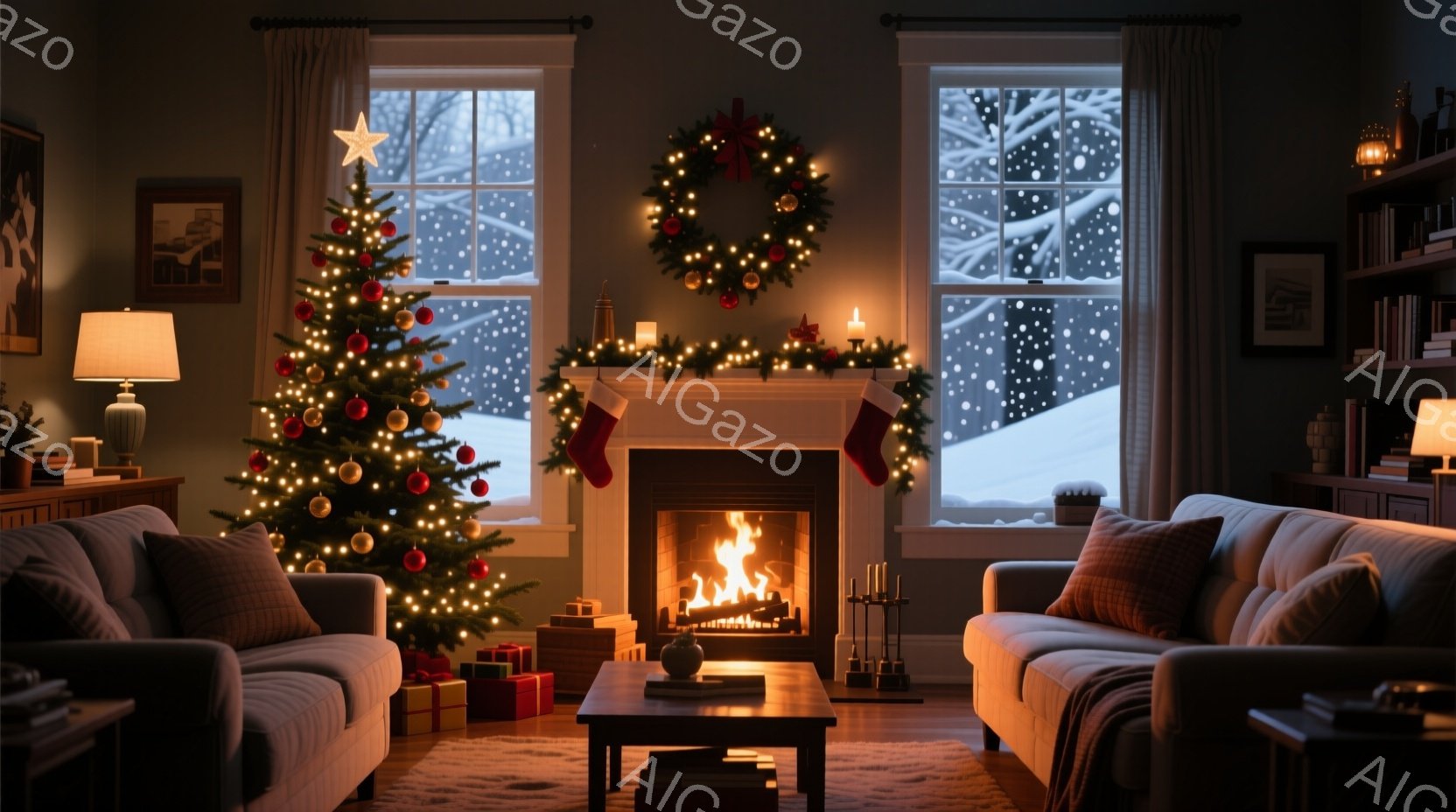 暖炉の火が灯る居間には、クリスマスツリーが飾られ、プレゼントの箱が並べられています。窓の外は雪景色で、温かく穏やかなクリスマスの雰囲気が漂っています。壁には絵画が飾られ、部屋全体が柔らかい光に包まれて - AI生成フリー素材